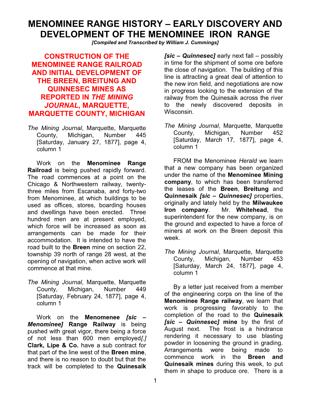 EARLY DISCOVERY and DEVELOPMENT of the MENOMINEE IRON RANGE [Compiled and Transcribed by William J