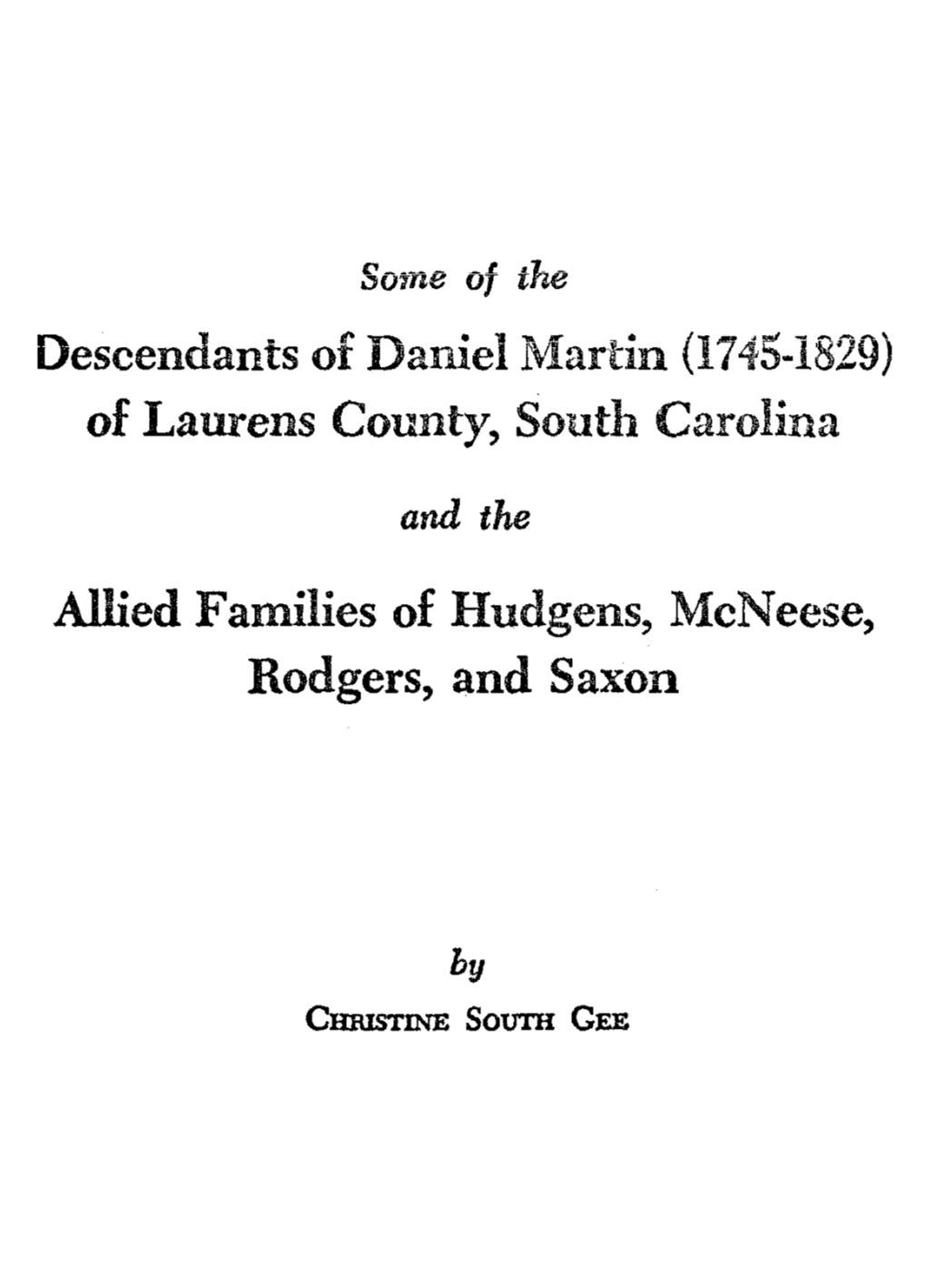Descendants of Daniel Martin (1745-1829) of Laurens County, South Carolina