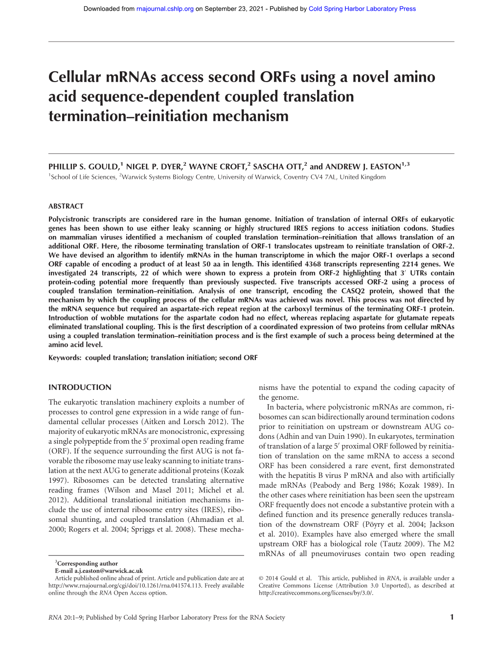 Cellular Mrnas Access Second Orfs Using a Novel Amino Acid Sequence-Dependent Coupled Translation Termination–Reinitiation Mechanism