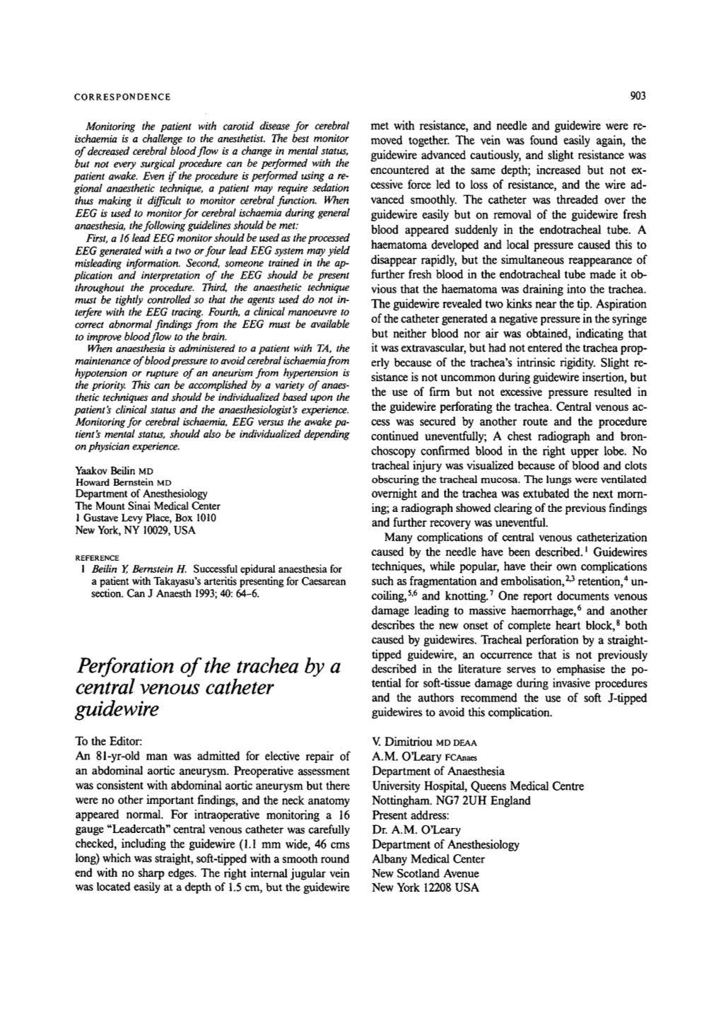 Perforation of the Trachea by a Central Venous Catheter Guidewire