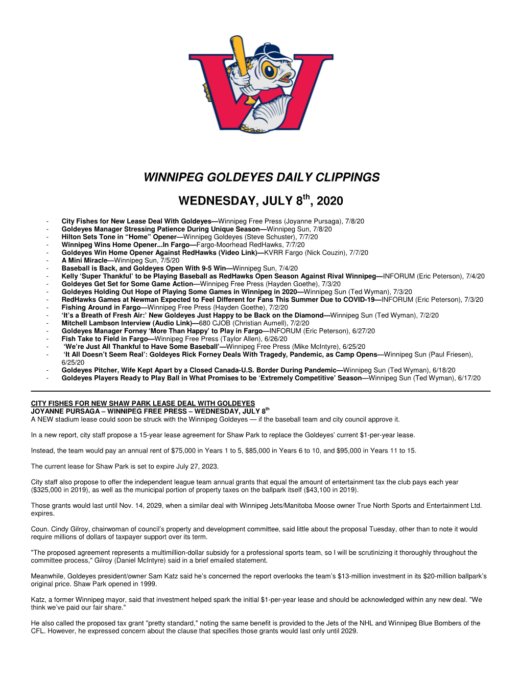 Winnipeg Goldeyes Daily Clippings Wednesday, July 8