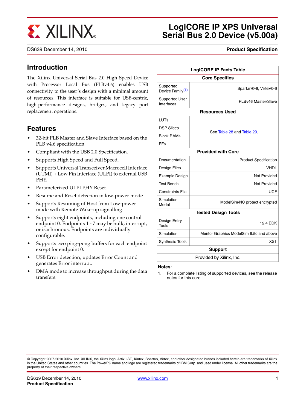 Xilinx DS639 Logicore IP XPS Universal Bus 2.0 Device (V5.00A)