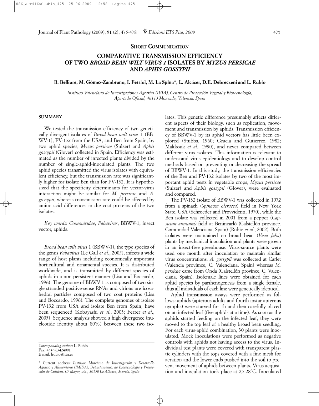 Comparative Transmission Efficiency of Two Broad Bean Wilt Virus 1 Isolates by Myzus Persicae and Aphis Gossypii