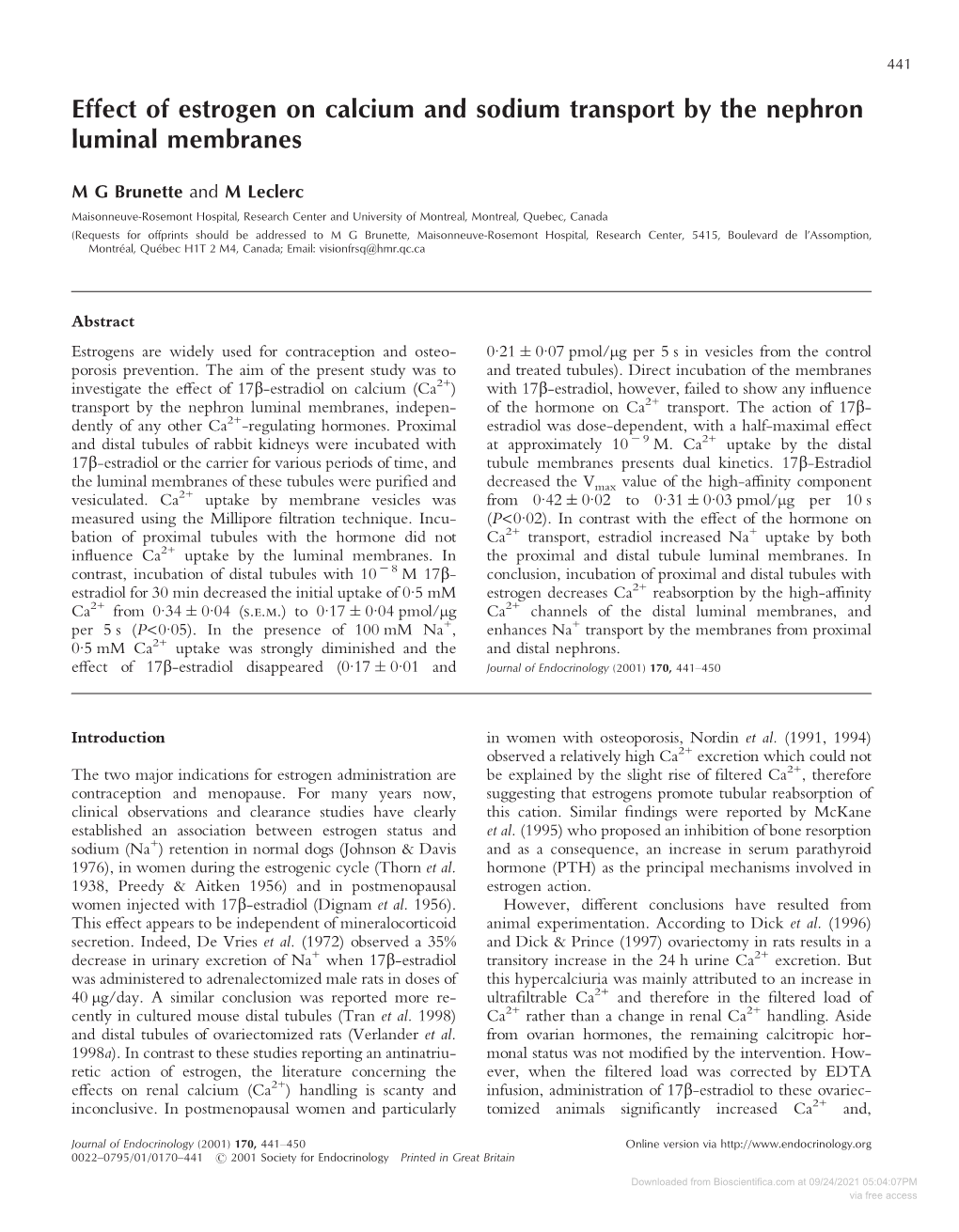 Effect of Estrogen on Calcium and Sodium Transport by the Nephron Luminal Membranes