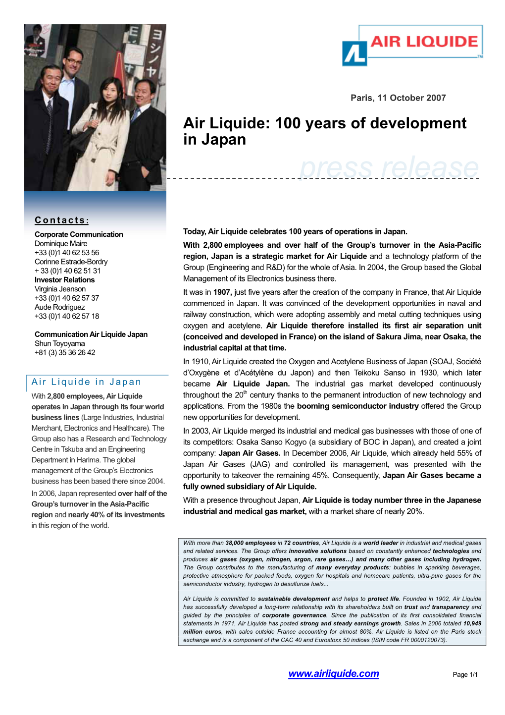 Air Liquide: 100 Years of Development in Japan Press Release