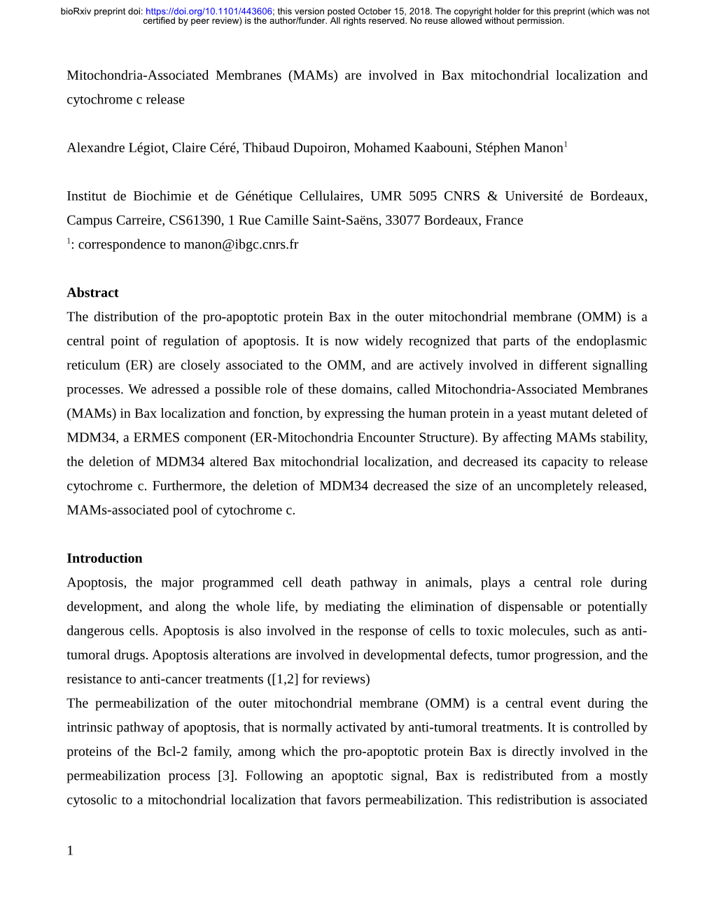 Mitochondria-Associated Membranes (Mams) Are Involved in Bax Mitochondrial Localization and Cytochrome C Release