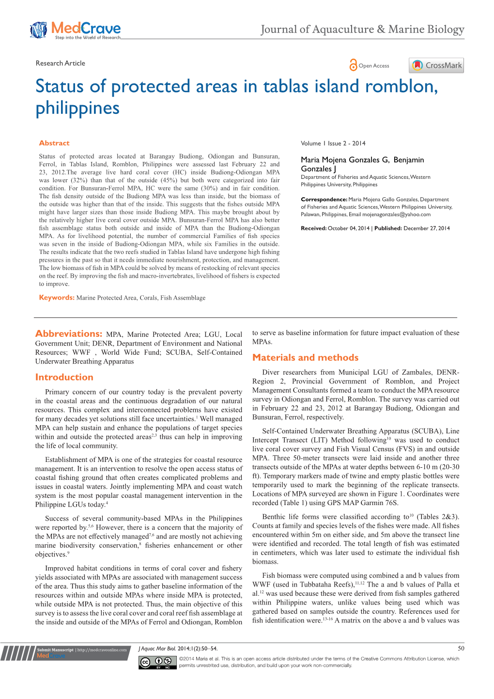 Status of Protected Areas in Tablas Island Romblon, Philippines