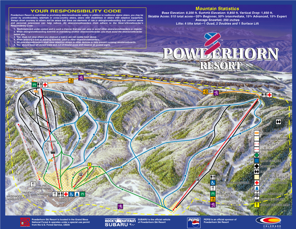 Mountain Statistics YOUR RESPONSIBILITY CODE Base Elevation: 8,200 Ft.�Summit Elevation: 9,850 Ft.�Vertical Drop: 1,650 Ft