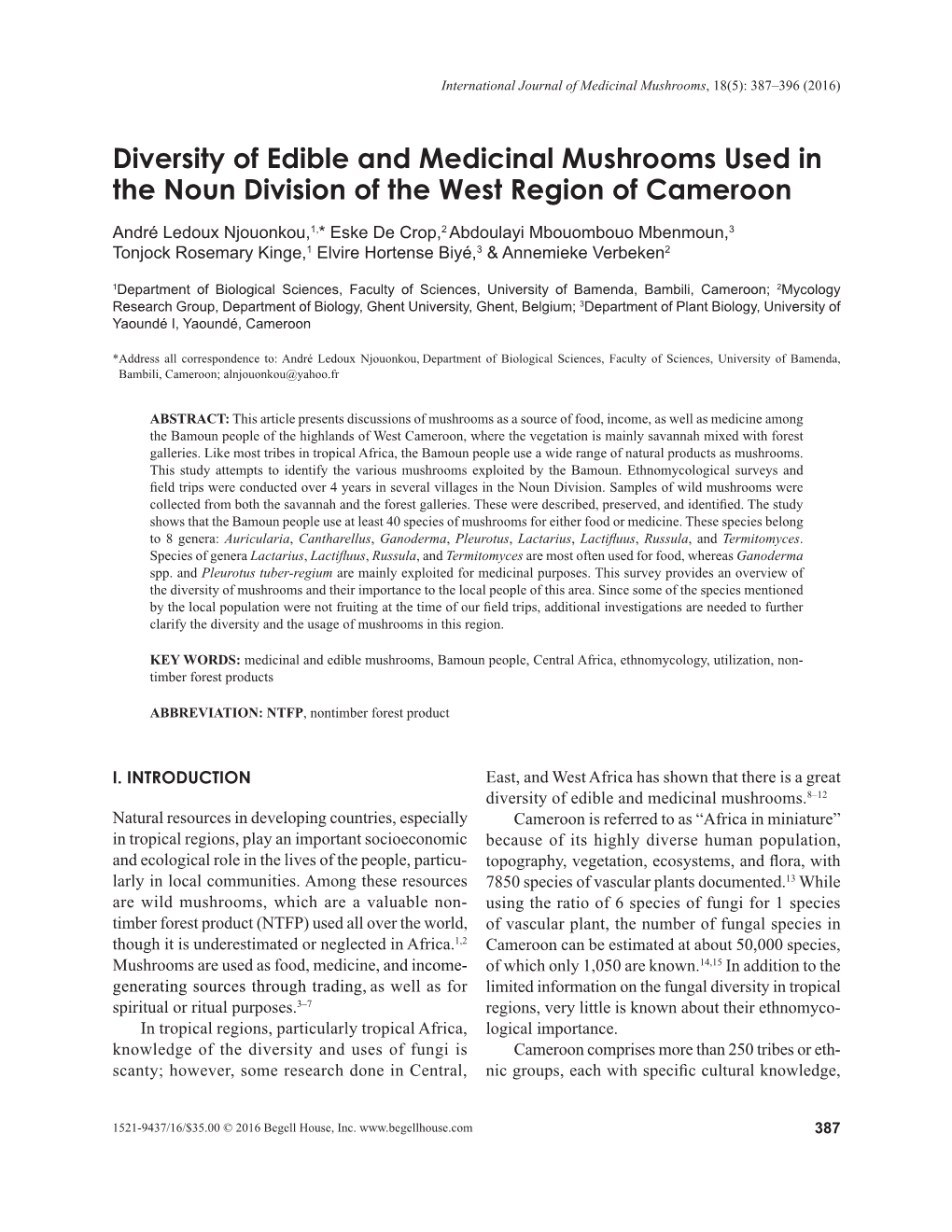 Diversity of Edible and Medicinal Mushrooms Used in the Noun Division of the West Region of Cameroon