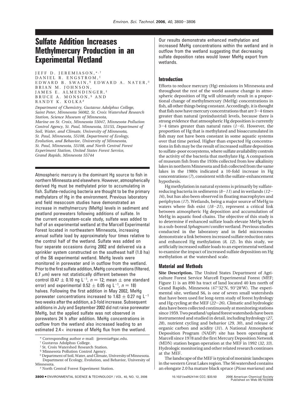 Sulfate Addition Increases Methylmercury Production in An