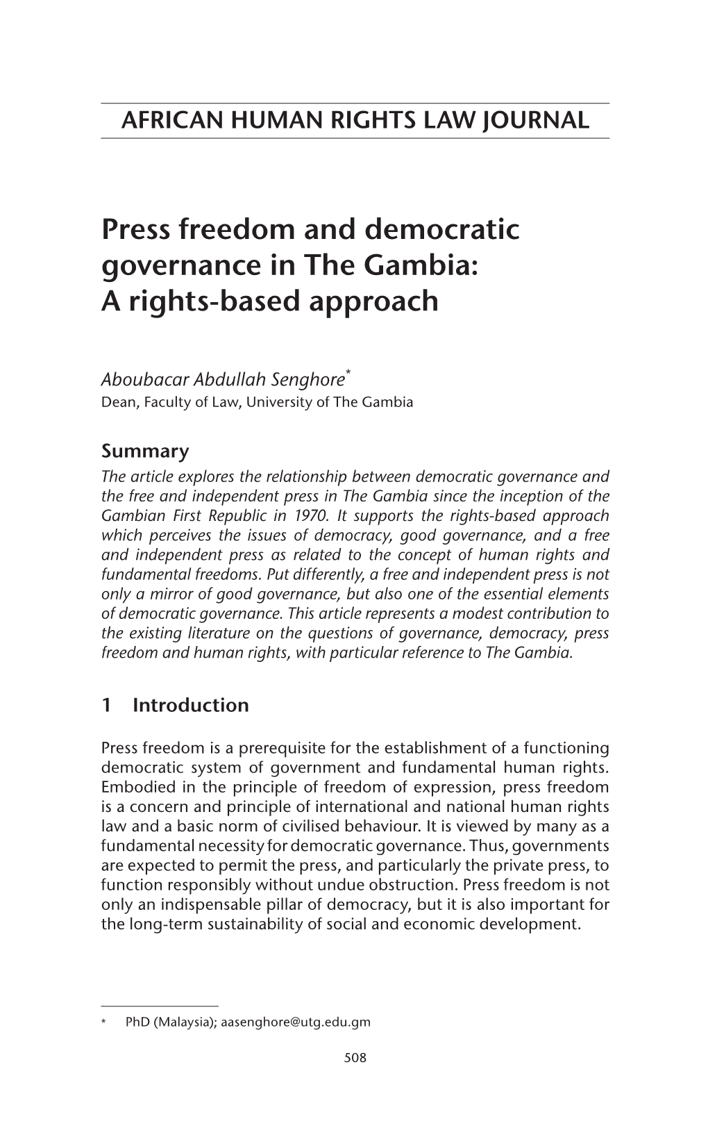 Press Freedom and Democratic Governance in the Gambia: a Rights-Based Approach