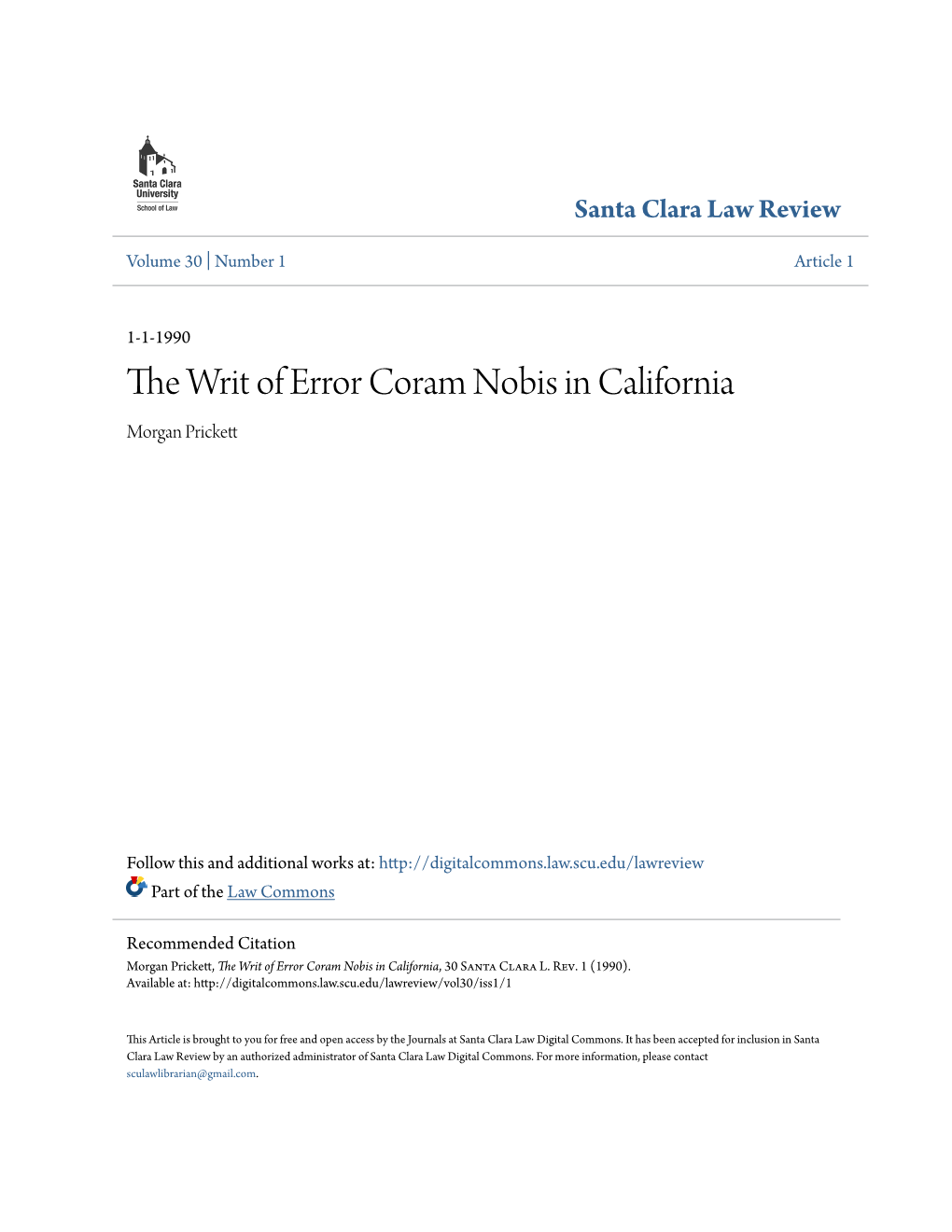 The Writ of Error Coram Nobis in California, 30 Santa Clara L