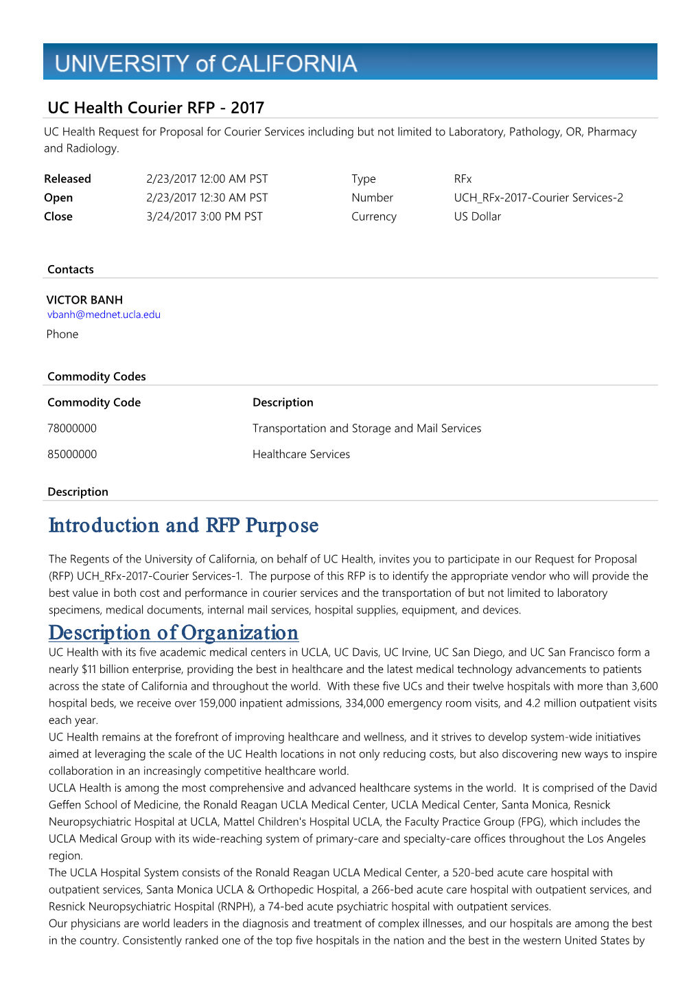 Introduction and RFP Purpose Description of Organization