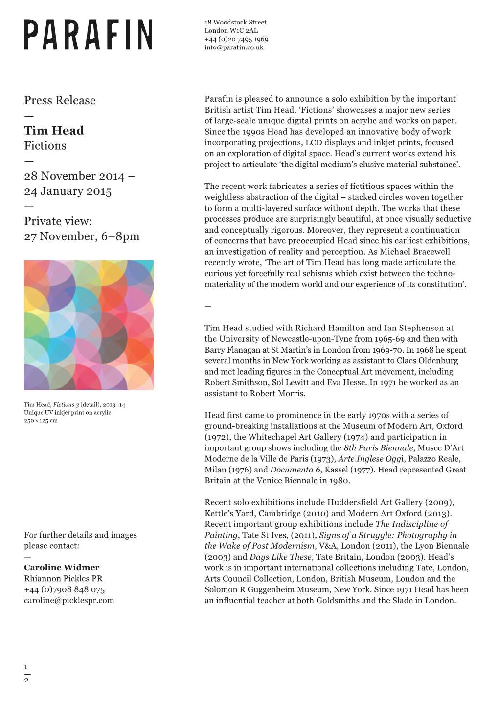 Press Release — Tim Head Fictions