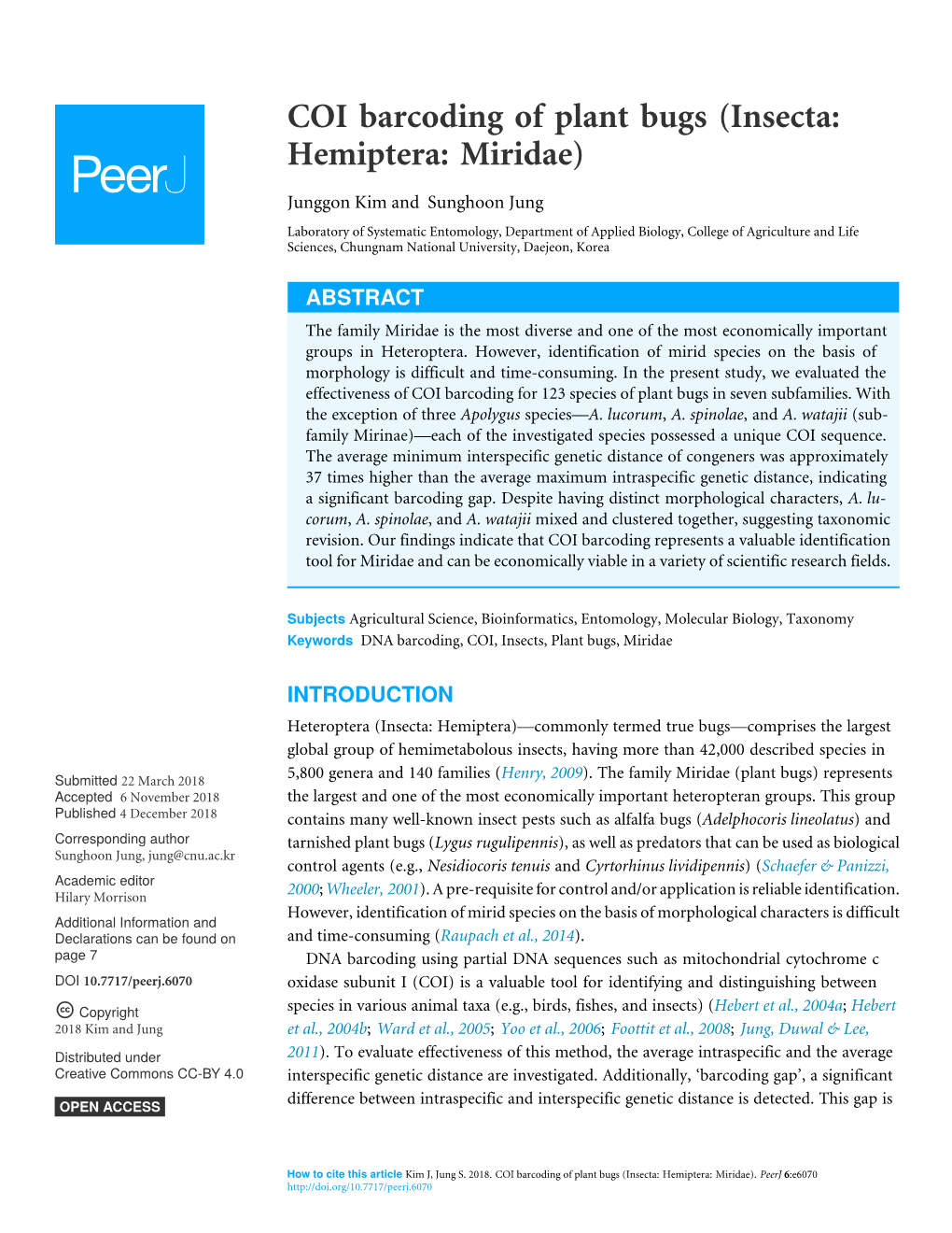 COI Barcoding of Plant Bugs (Insecta: Hemiptera: Miridae)