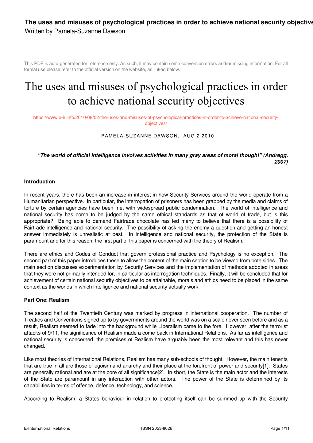 The Uses and Misuses of Psychological Practices in Order to Achieve National Security Objectives Written by Pamela-Suzanne Dawson