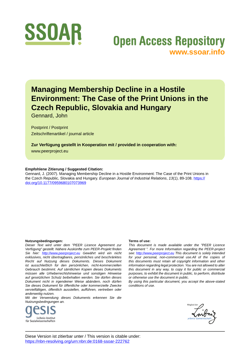 Managing Membership Decline in a Hostile Environment: the Case of the Print Unions in the Czech Republic, Slovakia and Hungary Gennard, John