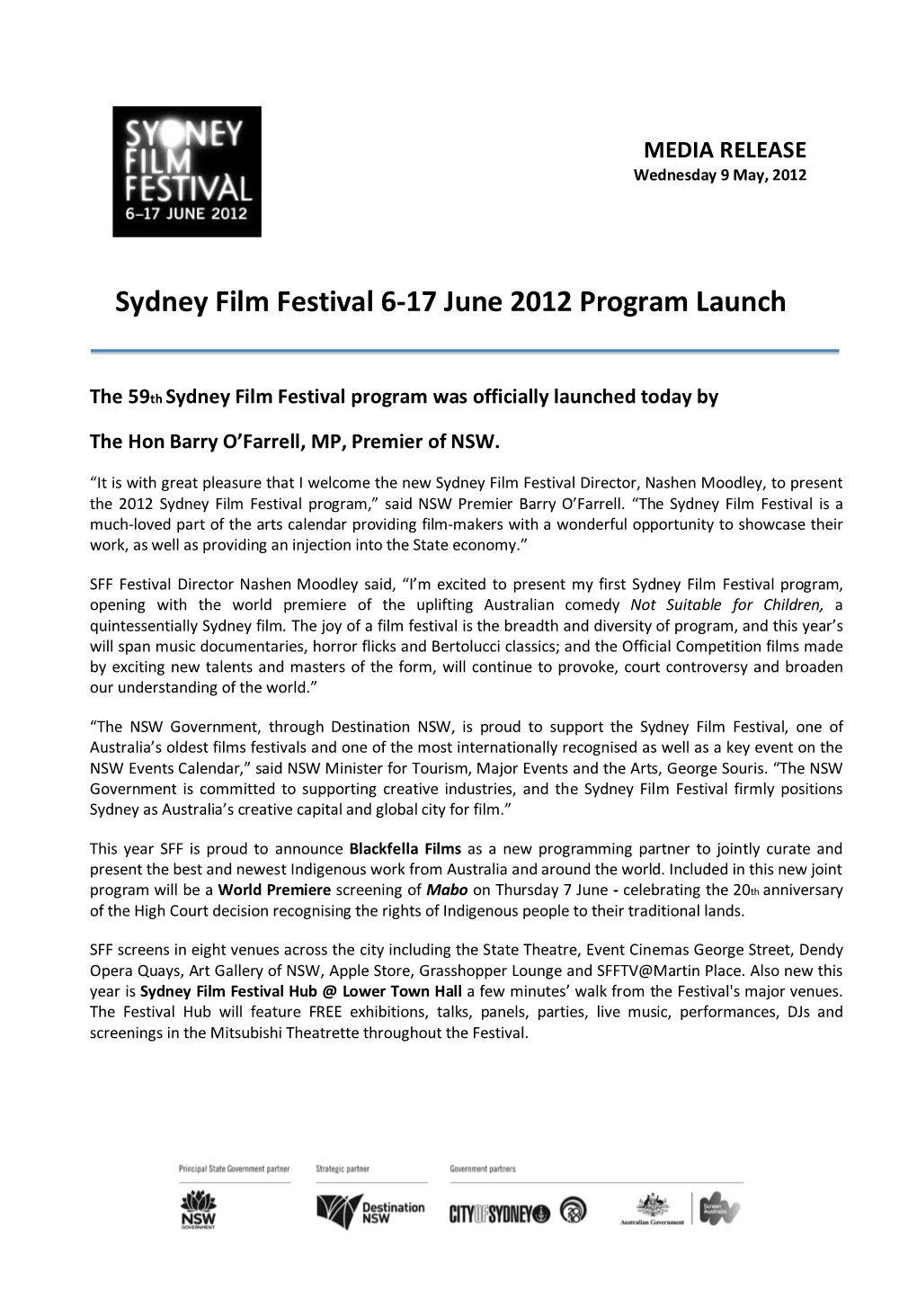 Sydney Film Festival 6-17 June 2012 Program Launch 09/05/2012