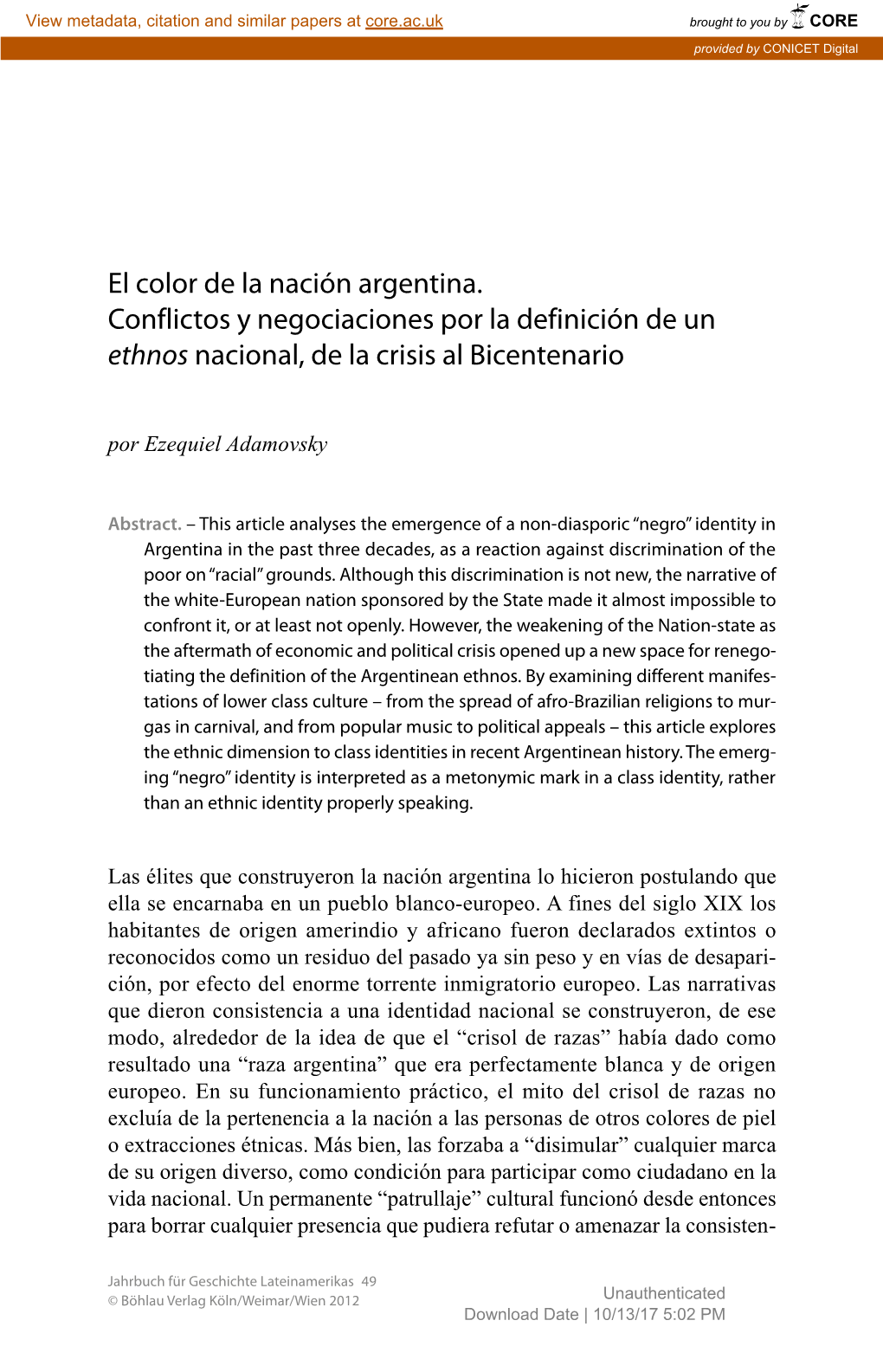 El Color De La Nación Argentina. Conflictos Y Negociaciones Por La Definición De Un Ethnos Nacional, De La Crisis Al Bicentenario