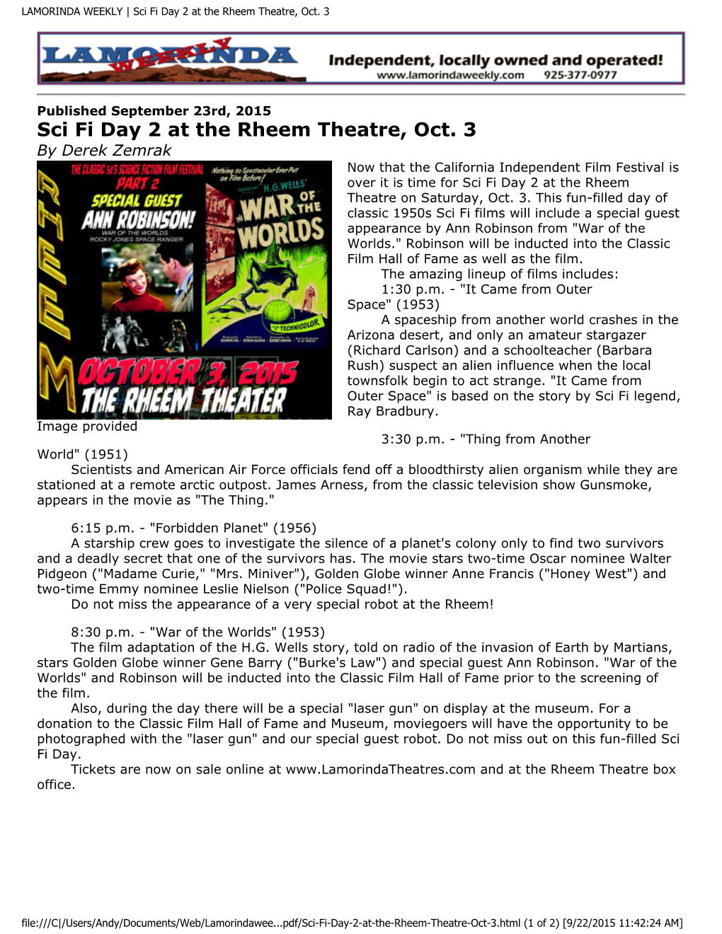 Sci Fi Day 2 at the Rheem Theatre, Oct. 3