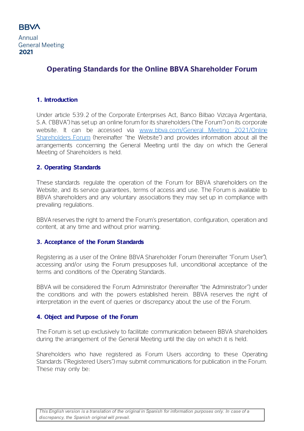 Operating Standards for the Online BBVA Shareholder Forum