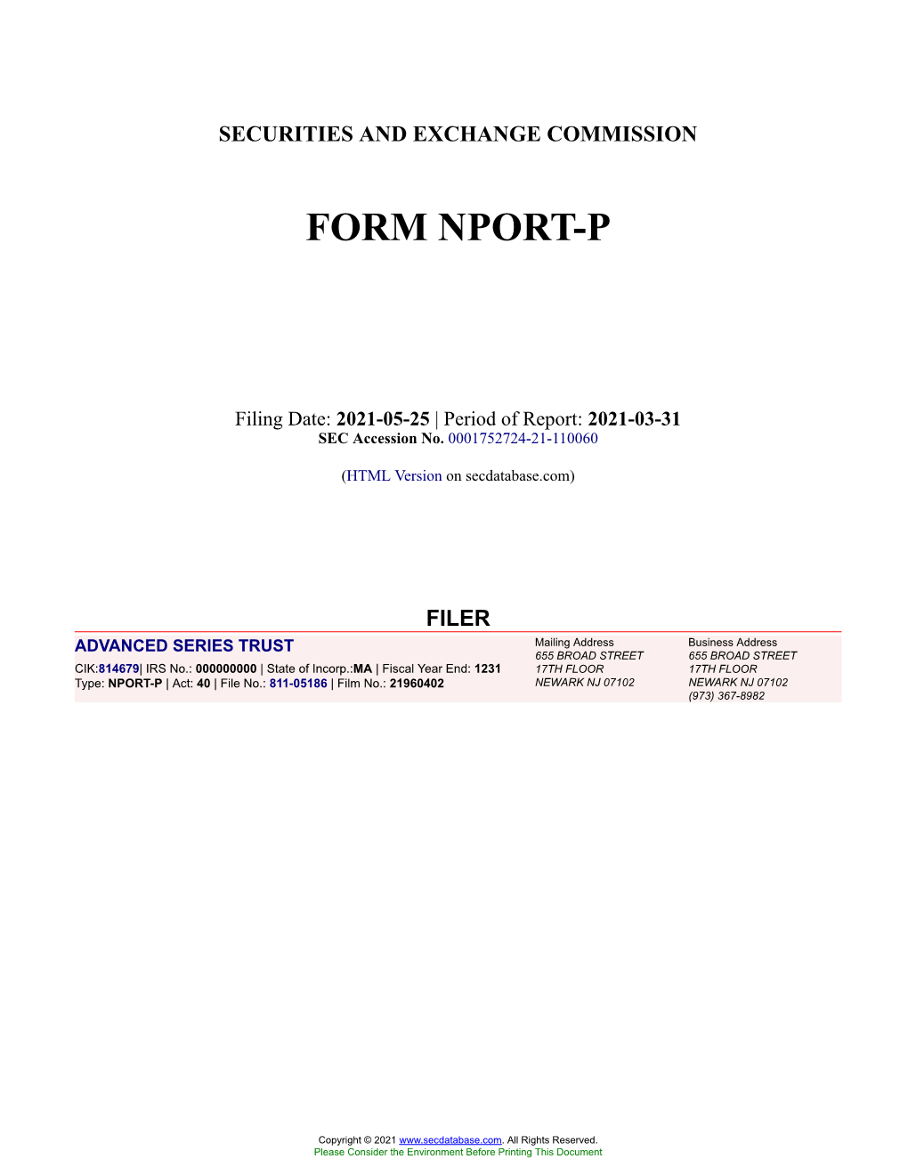 ADVANCED SERIES TRUST Form NPORT-P Filed