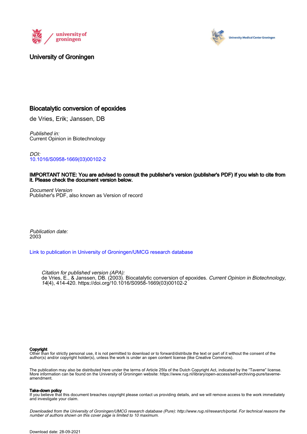 University of Groningen Biocatalytic Conversion of Epoxides De Vries, Erik