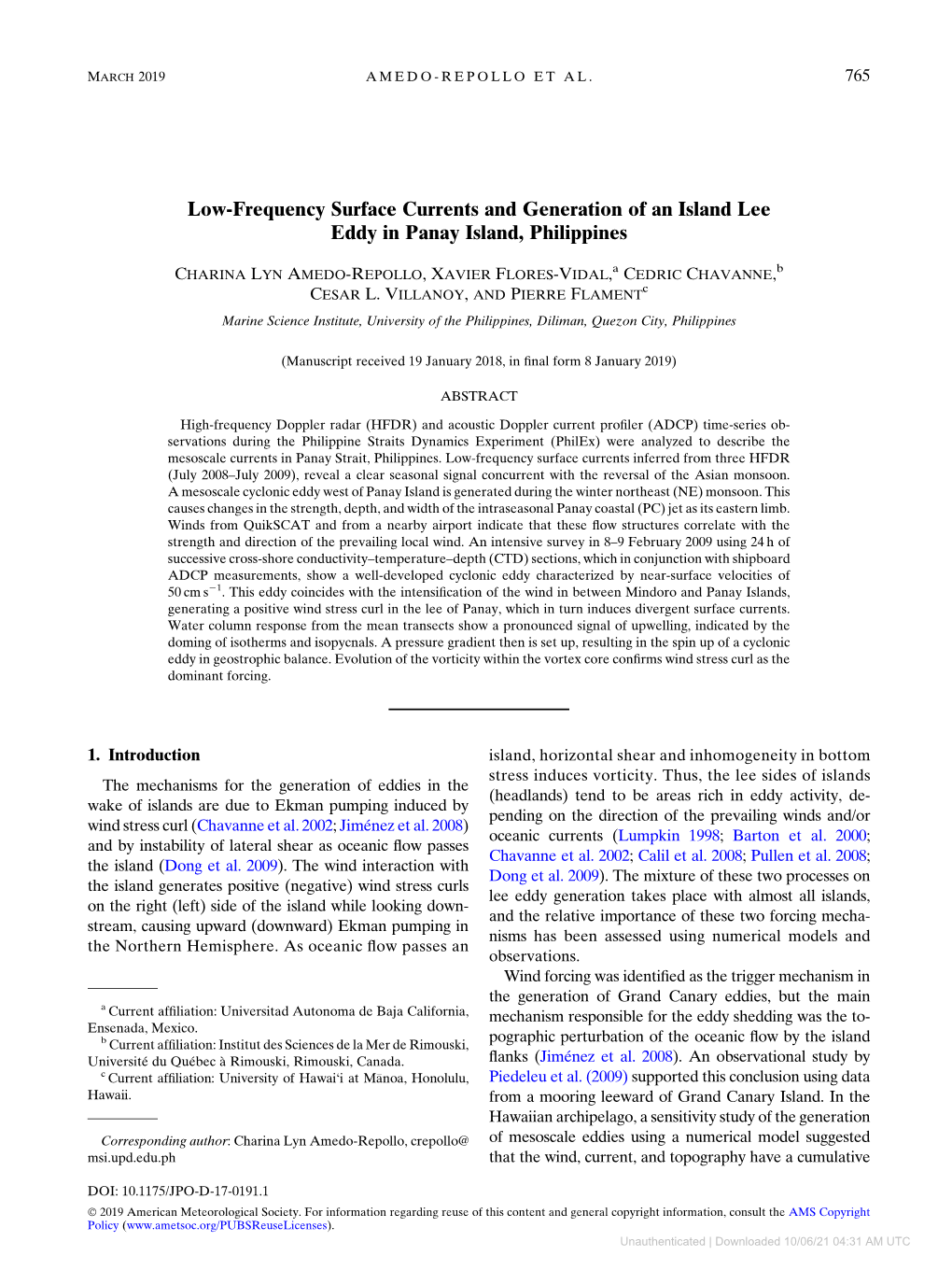 Low-Frequency Surface Currents and Generation of an Island Lee Eddy in Panay Island, Philippines