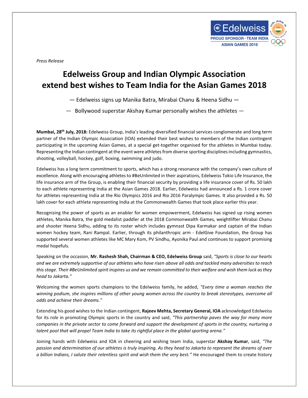 Edelweiss Group and Indian Olympic Association Extend Best Wishes to Team India for the Asian Games 2018
