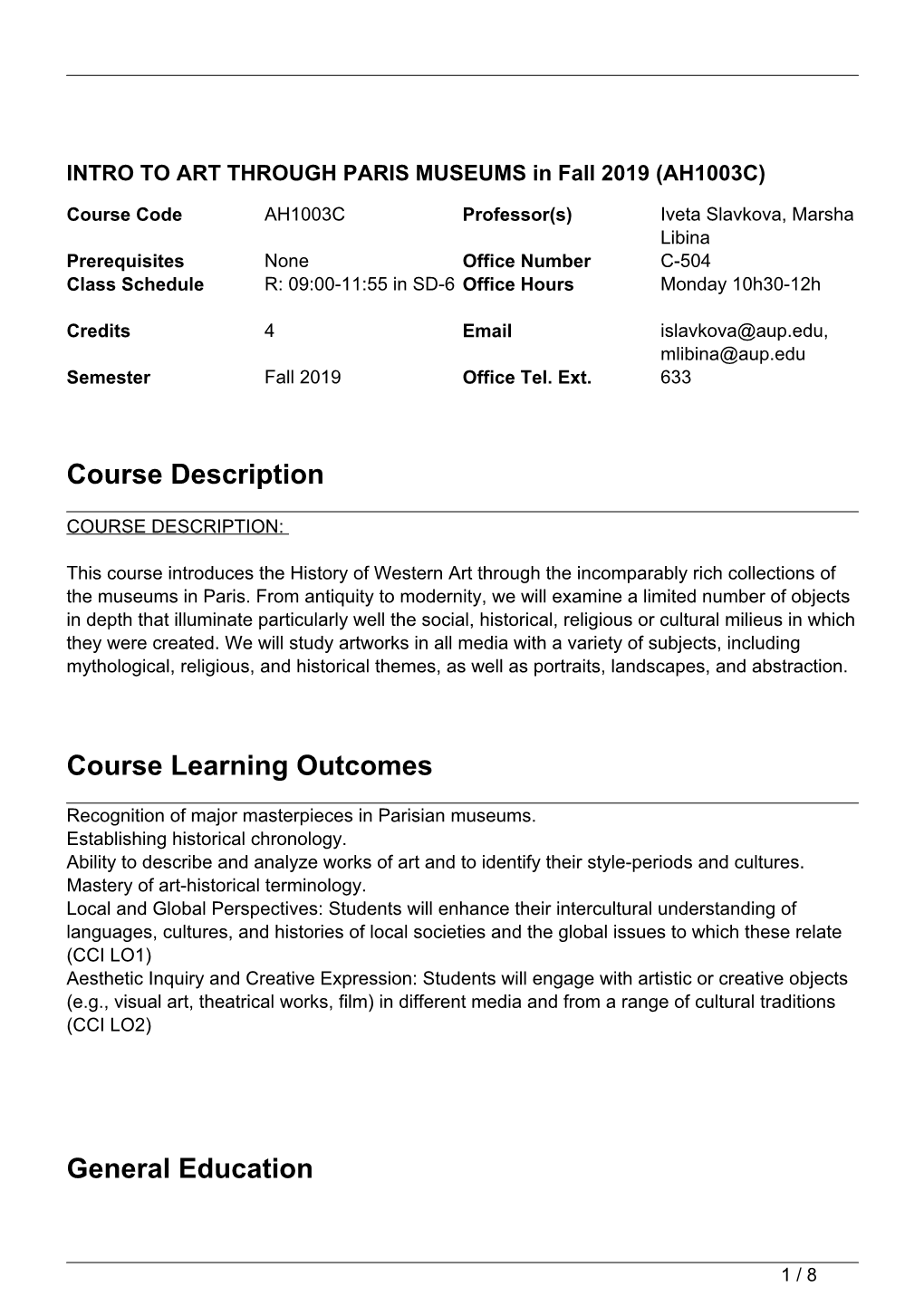 Course Description Course Learning Outcomes General Education