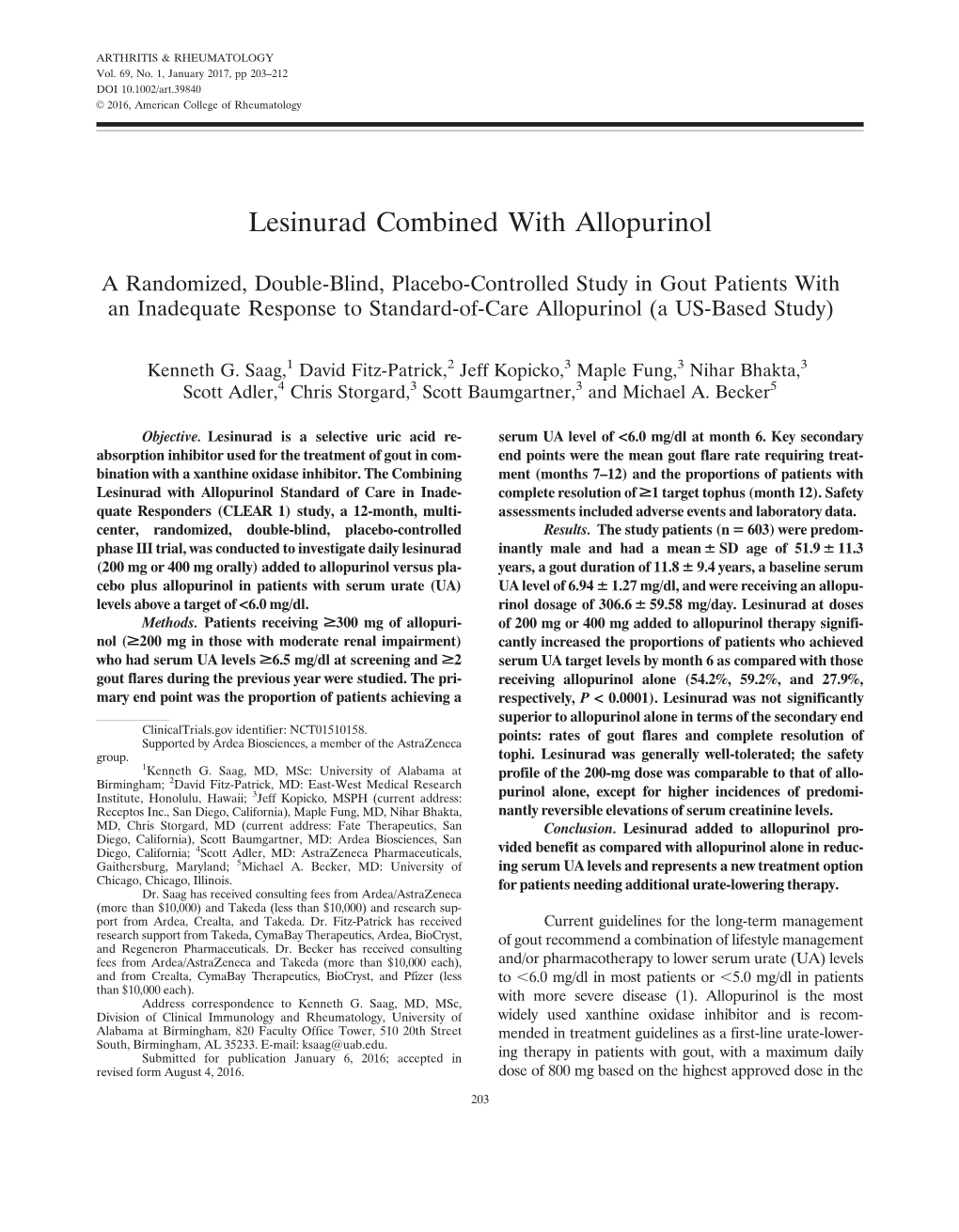 Lesinurad Combined with Allopurinol