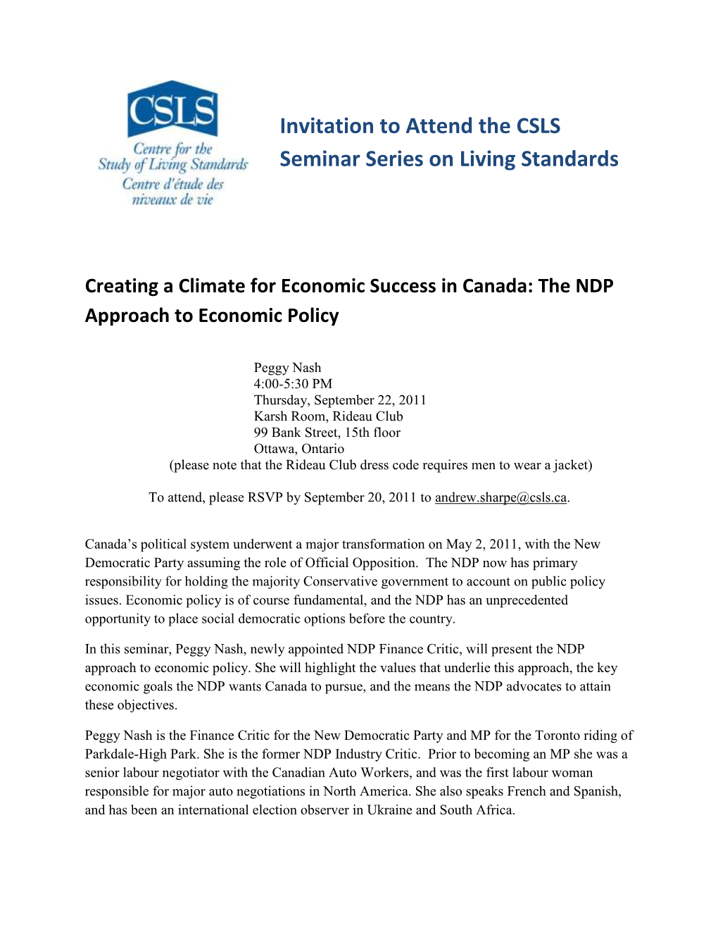 Invitation to Attend the CSLS Seminar Series on Living Standards
