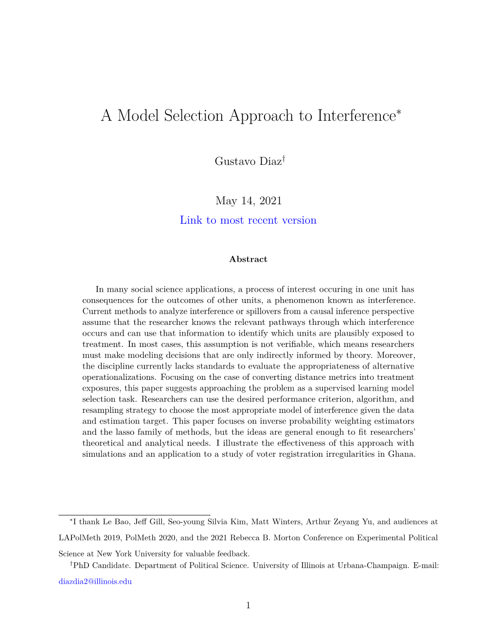 A Model Selection Approach to Interference∗