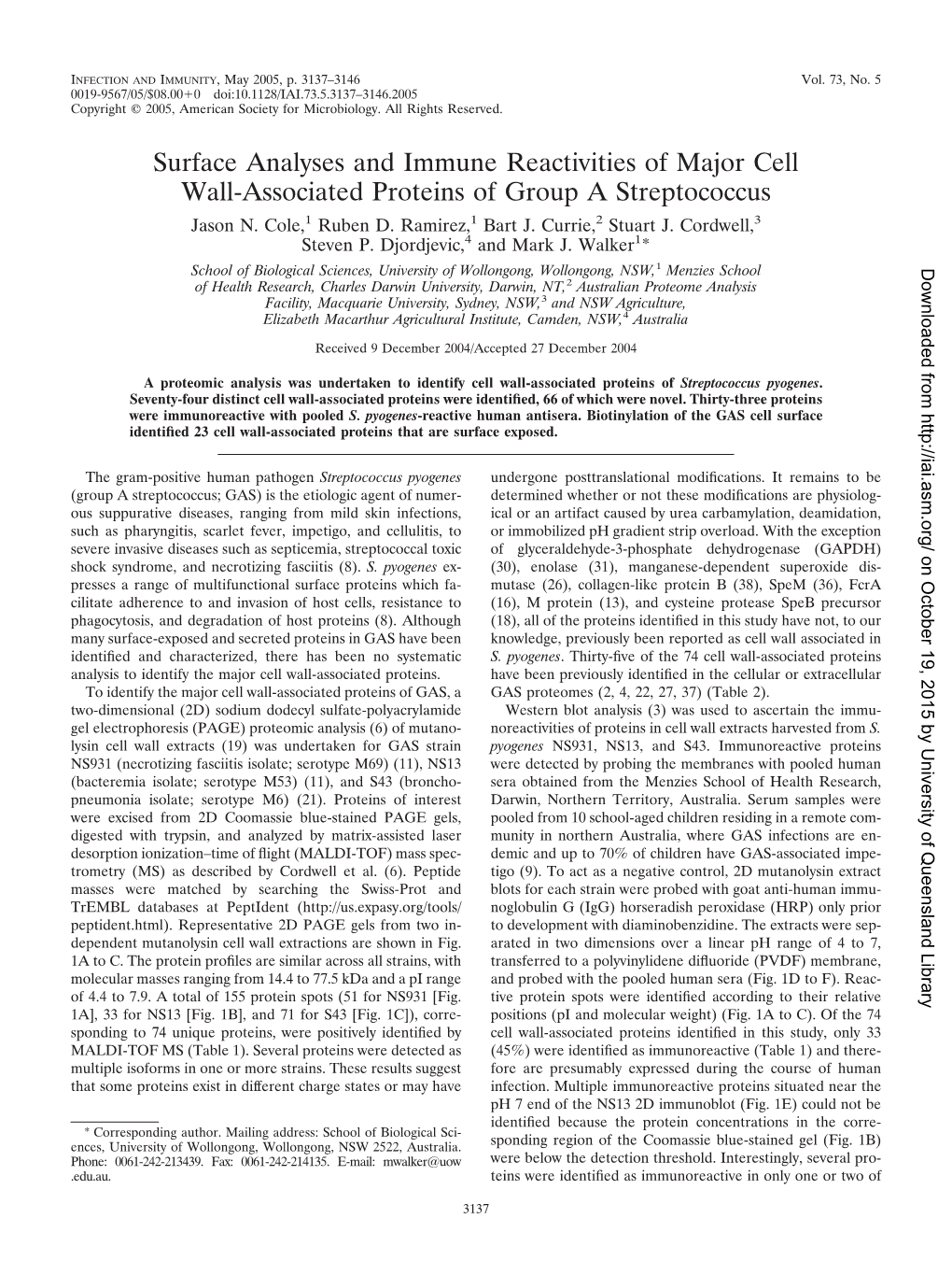 Surface Analyses and Immune Reactivities of Major Cell Wall-Associated Proteins of Group a Streptococcus Jason N