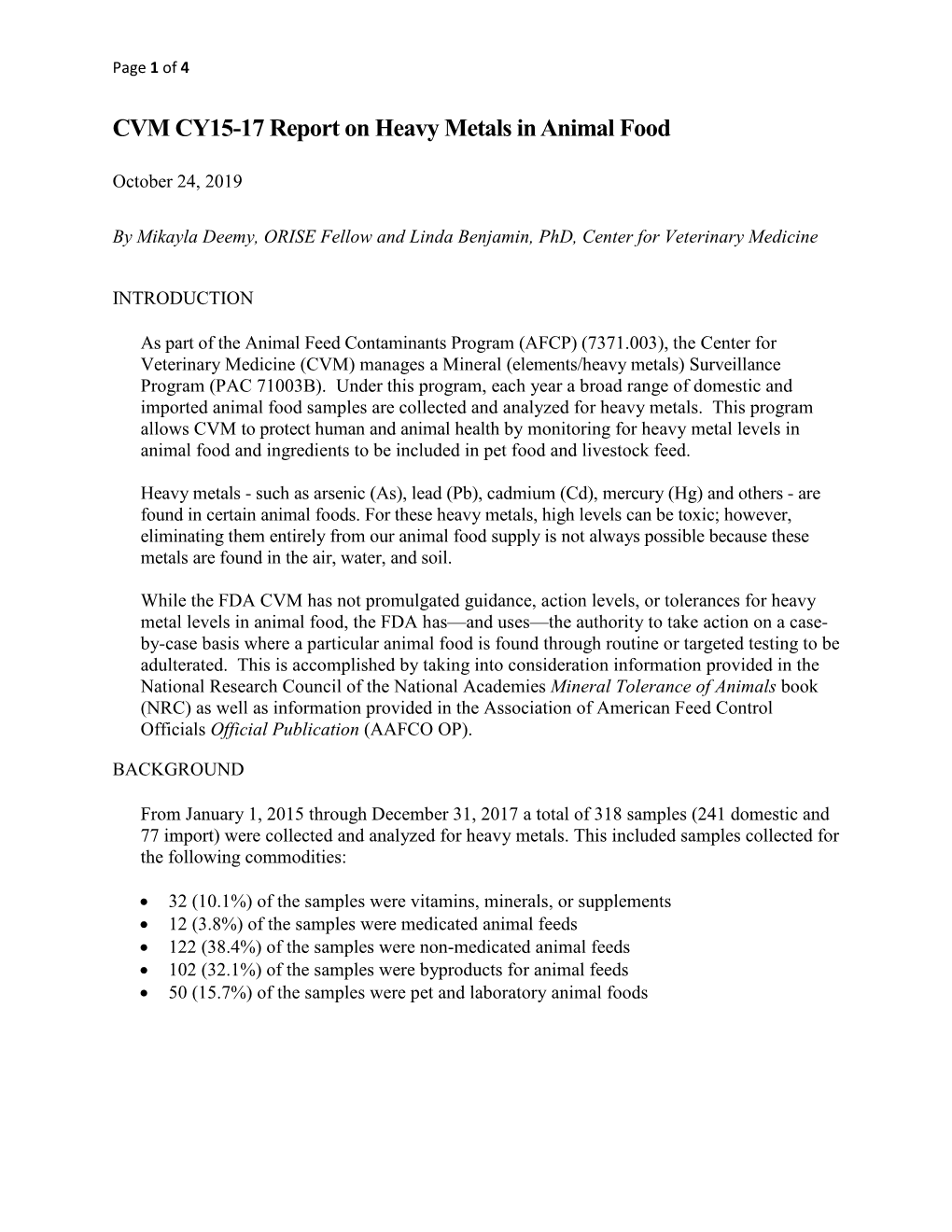 CVM CY15-17 Report on Heavy Metals in Animal Food