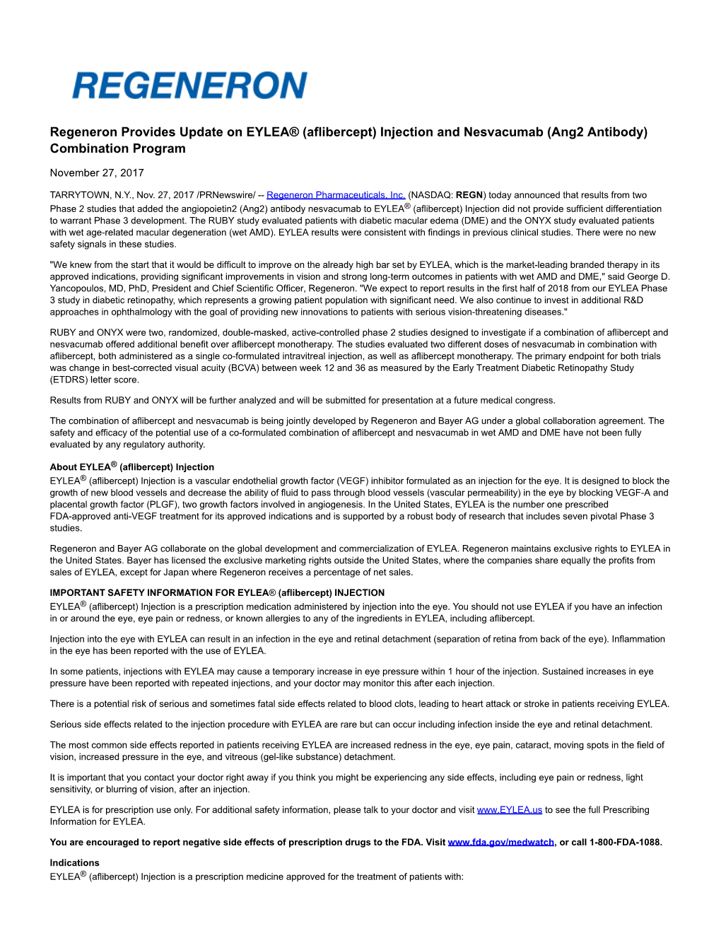 (Aflibercept) Injection and Nesvacumab (Ang2 Antibody) Combination Program