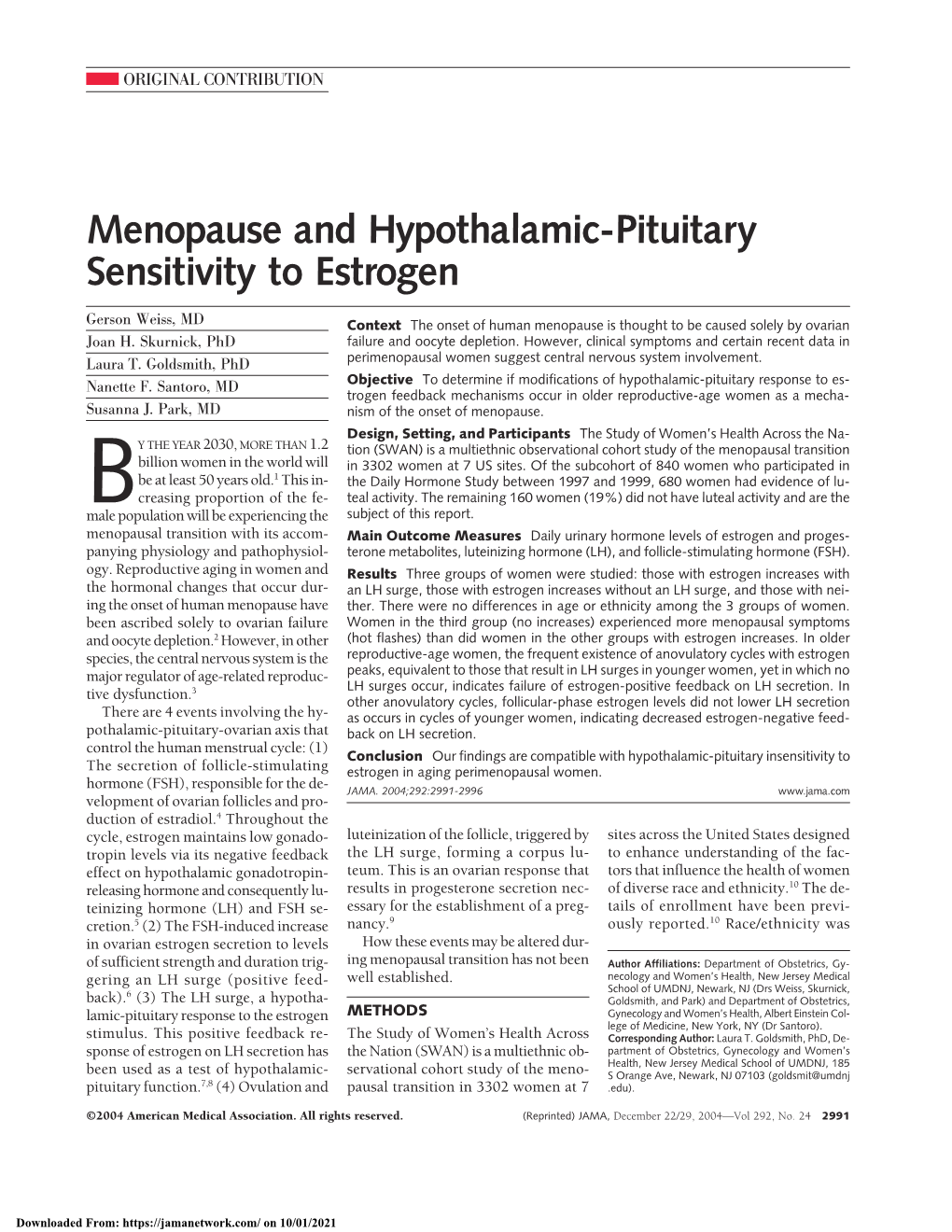 Menopause and Hypothalamic-Pituitary Sensitivity to Estrogen