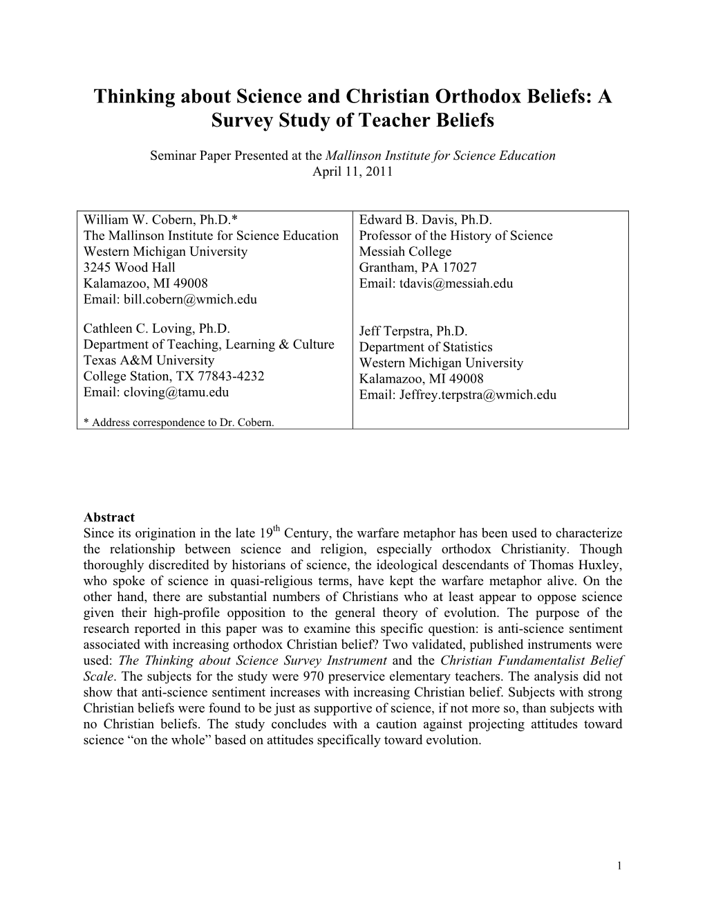 Thinking About Science and Christian Orthodox Beliefs: a Survey Study of Teacher Beliefs