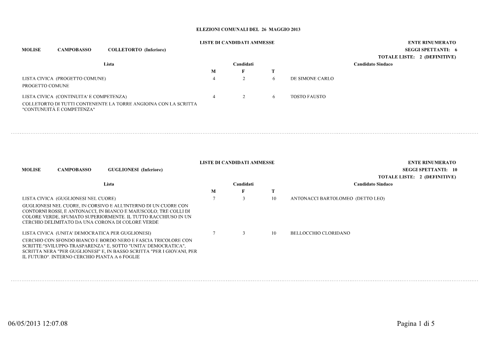 06/05/2013 12:07.08 Pagina 1 Di 5 ELEZIONI COMUNALI DEL 26 MAGGIO 2013