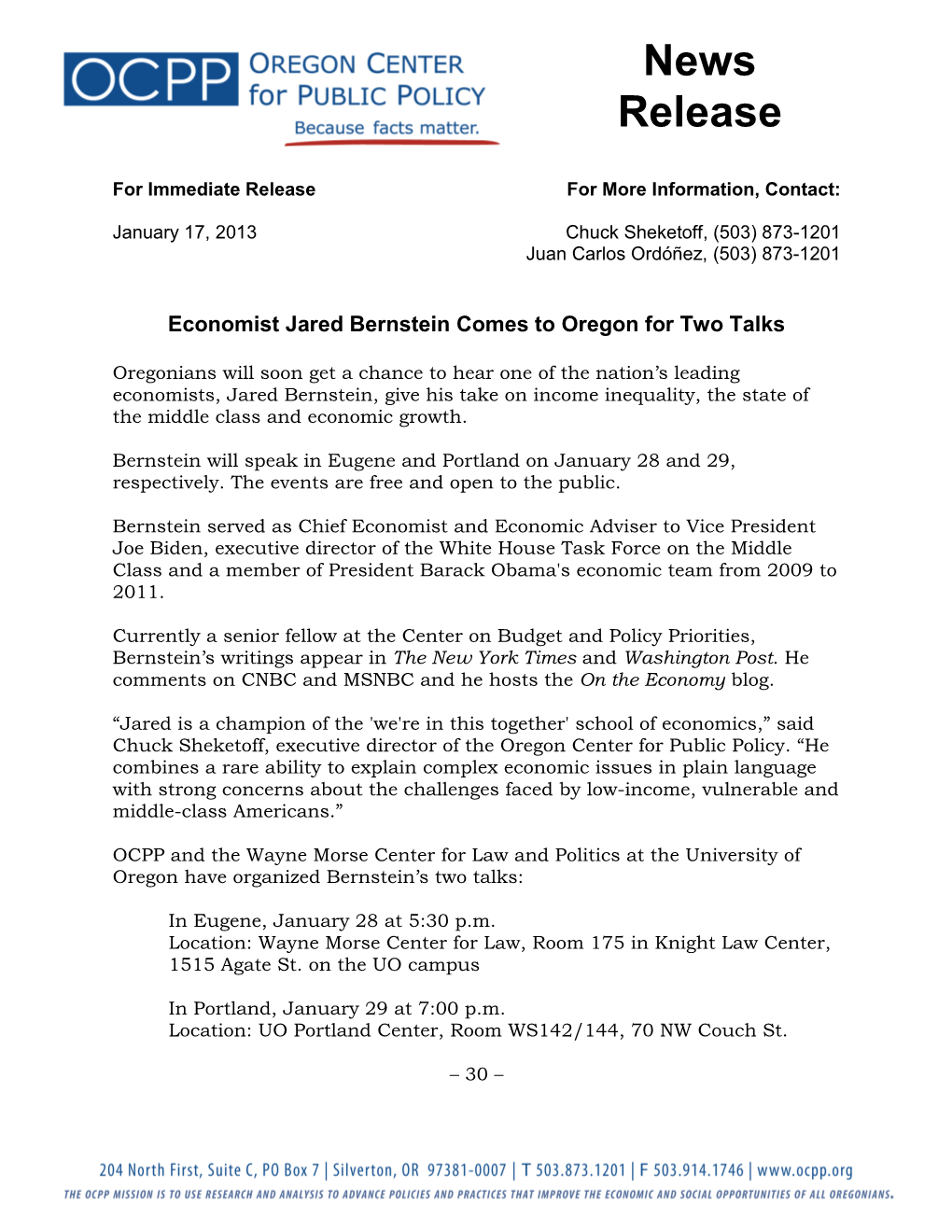 Economist Jared Bernstein Comes to Oregon for Two Talks