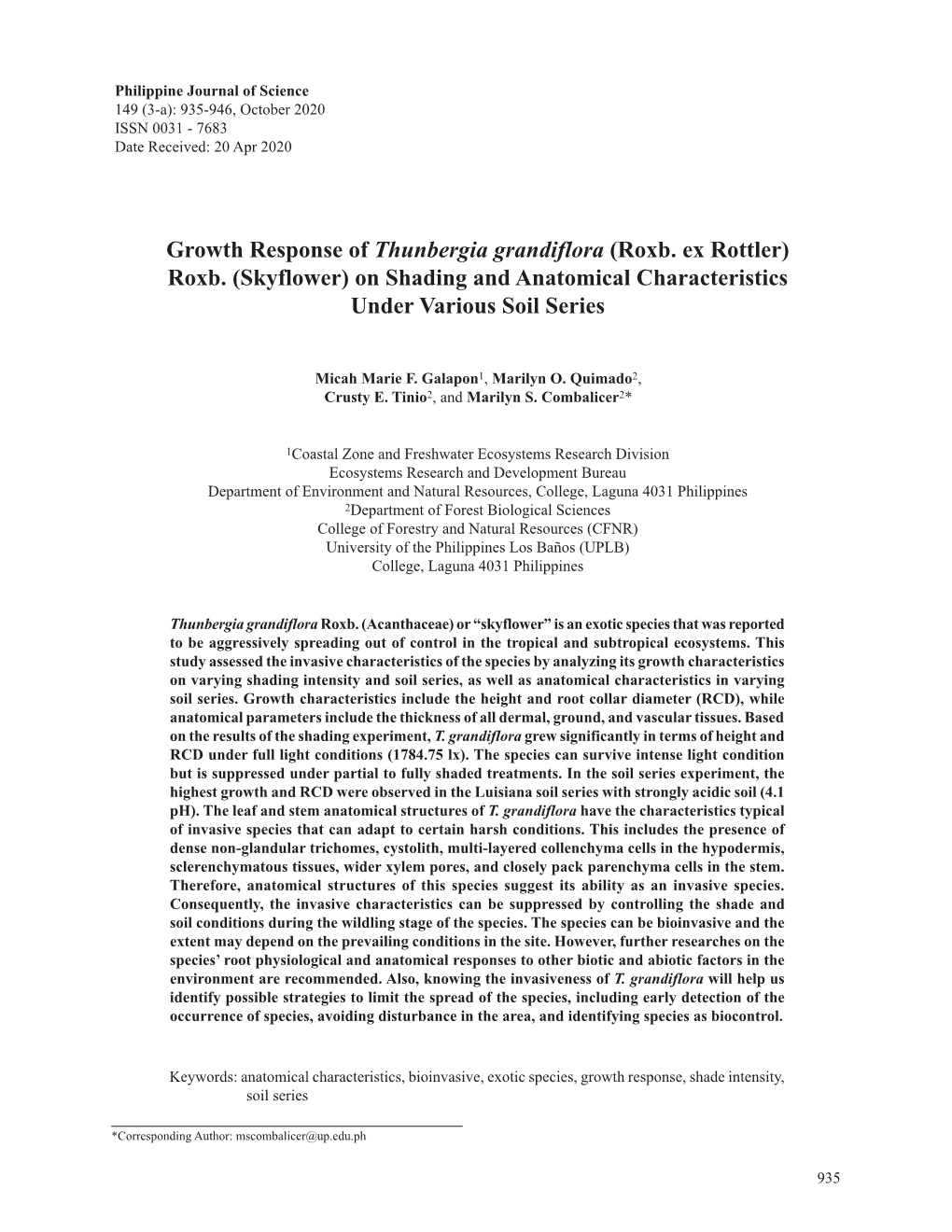 Growth Response of Thunbergia Grandiflora (Roxb. Ex Rottler) Roxb