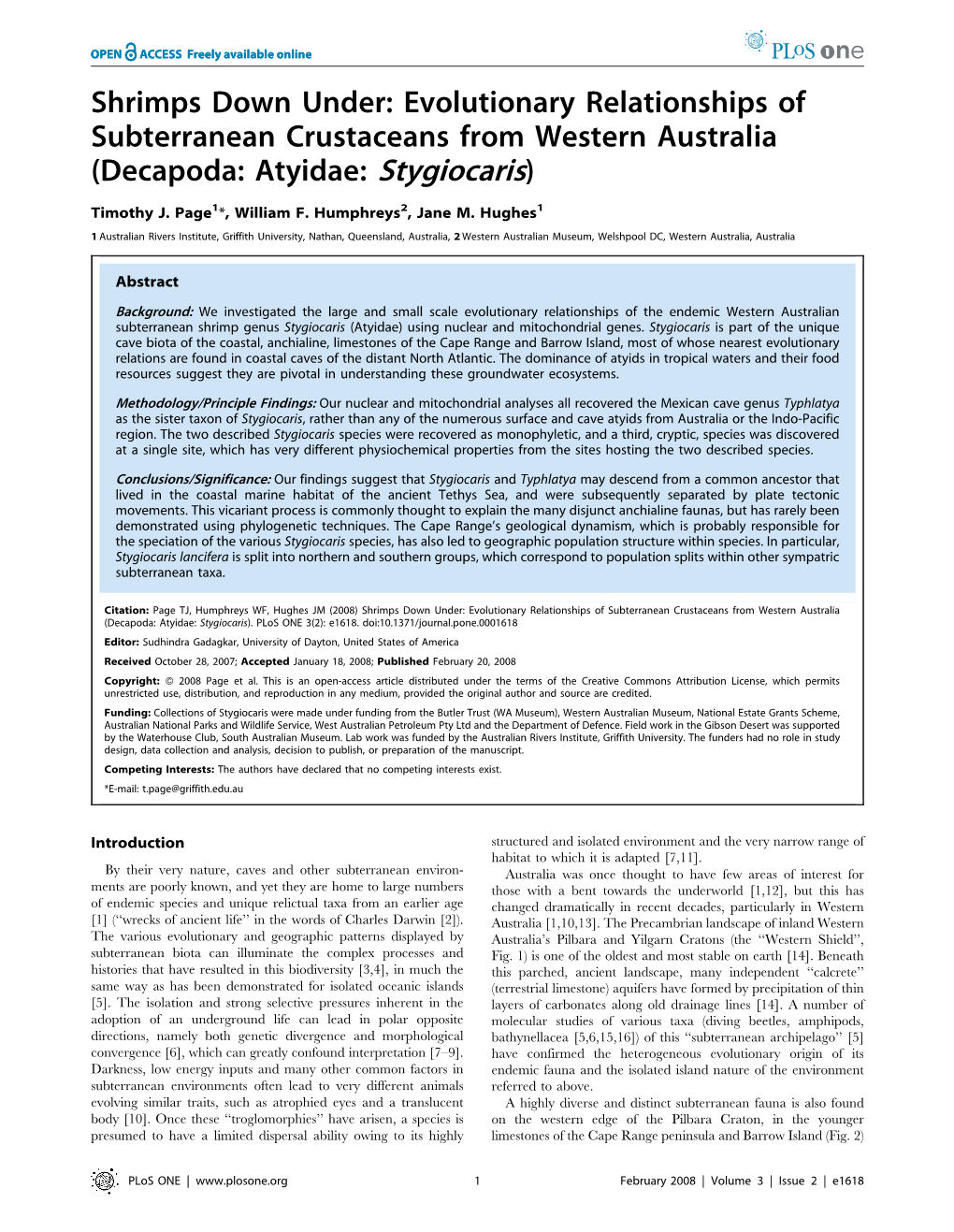 Shrimps Down Under: Evolutionary Relationships of Subterranean Crustaceans from Western Australia (Decapoda: Atyidae: Stygiocaris)