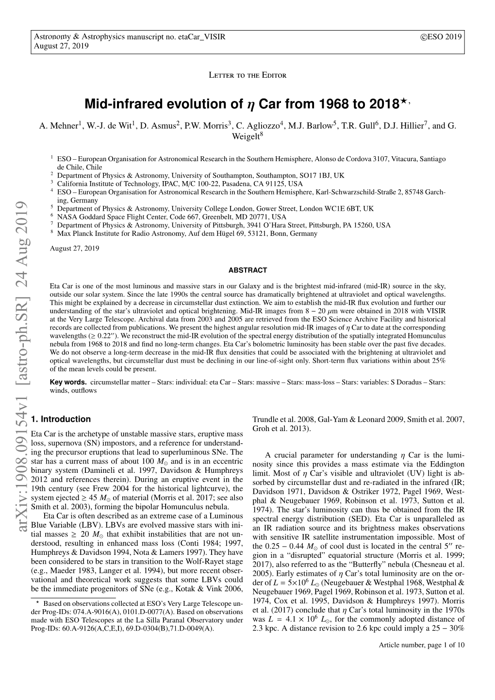 Arxiv:1908.09154V1 [Astro-Ph.SR] 24 Aug 2019 Tial Masses ≥ 20 M That Exhibit Instabilities That Are Not Un- with Sensitive IR Satellite Instrumentation Impossible