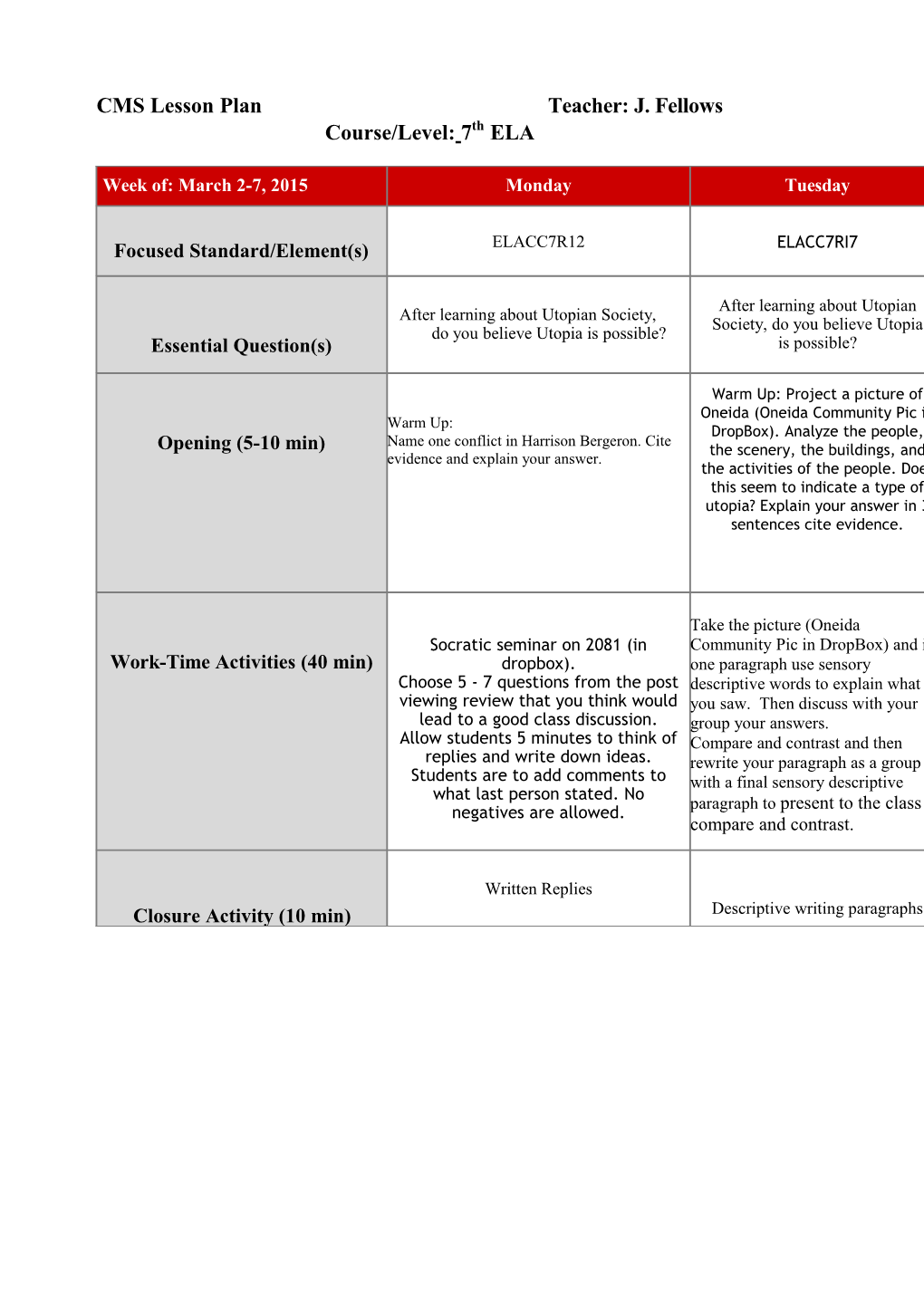 CMS Lesson Plan Teacher: J. Fellows Course/Level: 7Th ELA