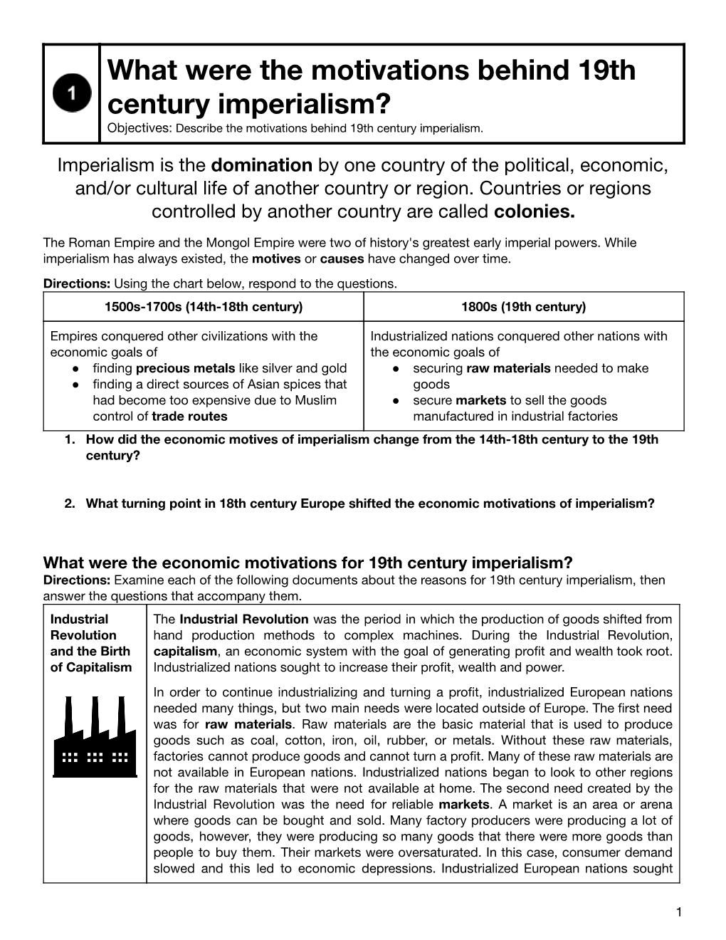 What Were the Motivations Behind 19Th Century Imperialism? Objectives: Describe the Motivations Behind 19Th Century Imperialism