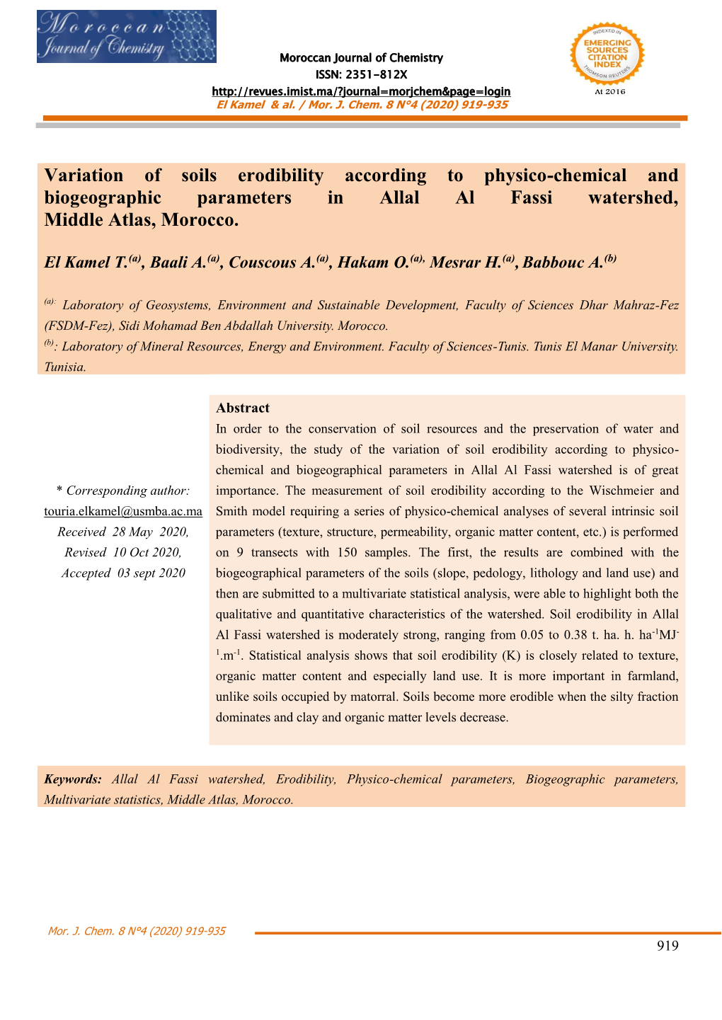 Variation of Soils Erodibility According to Physico-Chemical and Biogeographic Parameters in Allal Al Fassi Watershed, Middle Atlas, Morocco