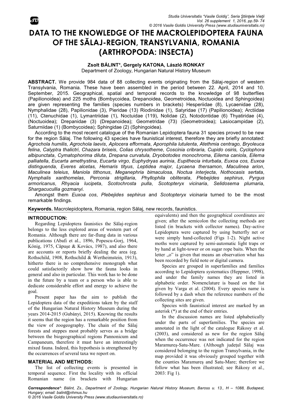 Data to the Knowledge of the Macrolepidoptera Fauna of the Sălaj-Region, Transylvania, Romania (Arthropoda: Insecta)