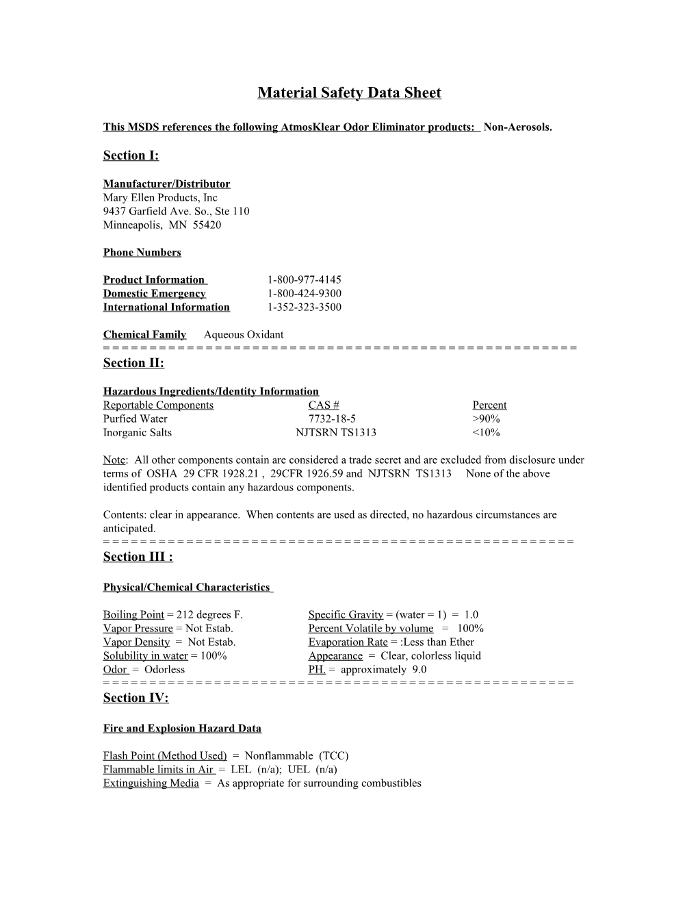 Material Safety Data Sheet s94