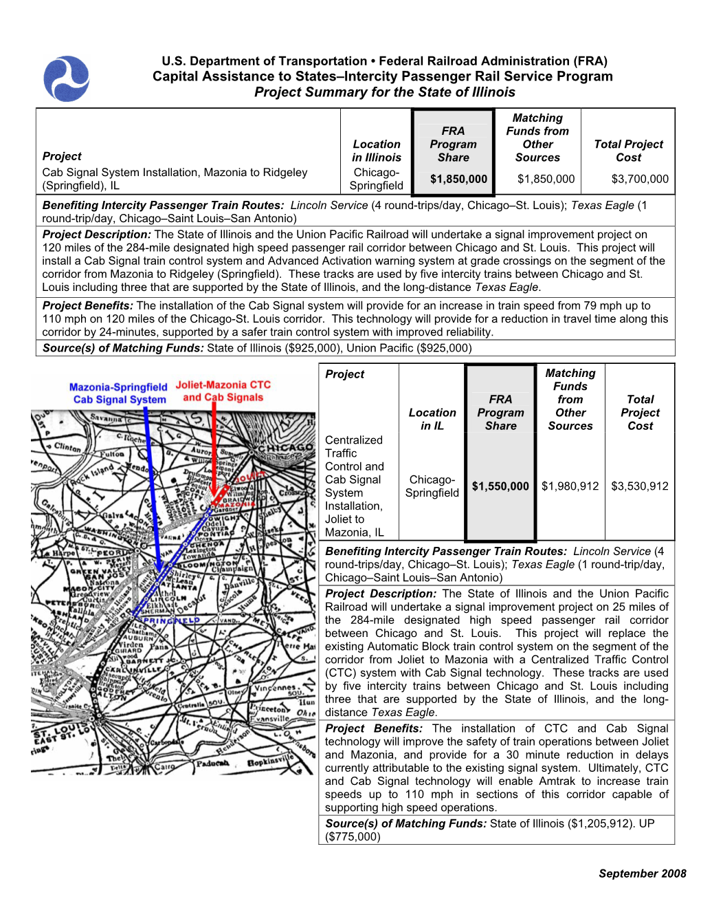 Capital Assistance to States–Intercity Passenger Rail Service Program Project Summary for the State of Illinois