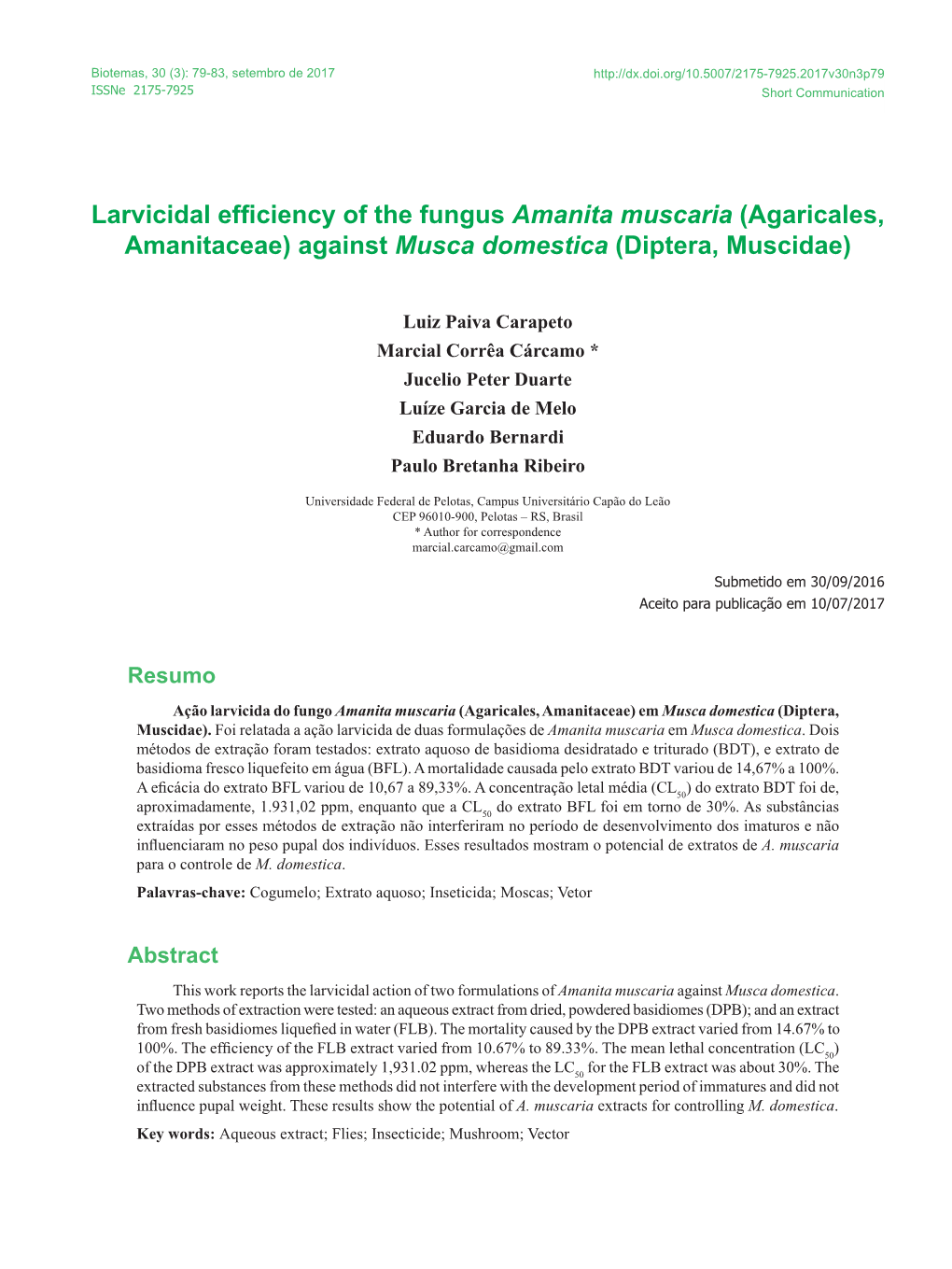 Larvicidal Efficiency of the Fungus Amanita Muscaria